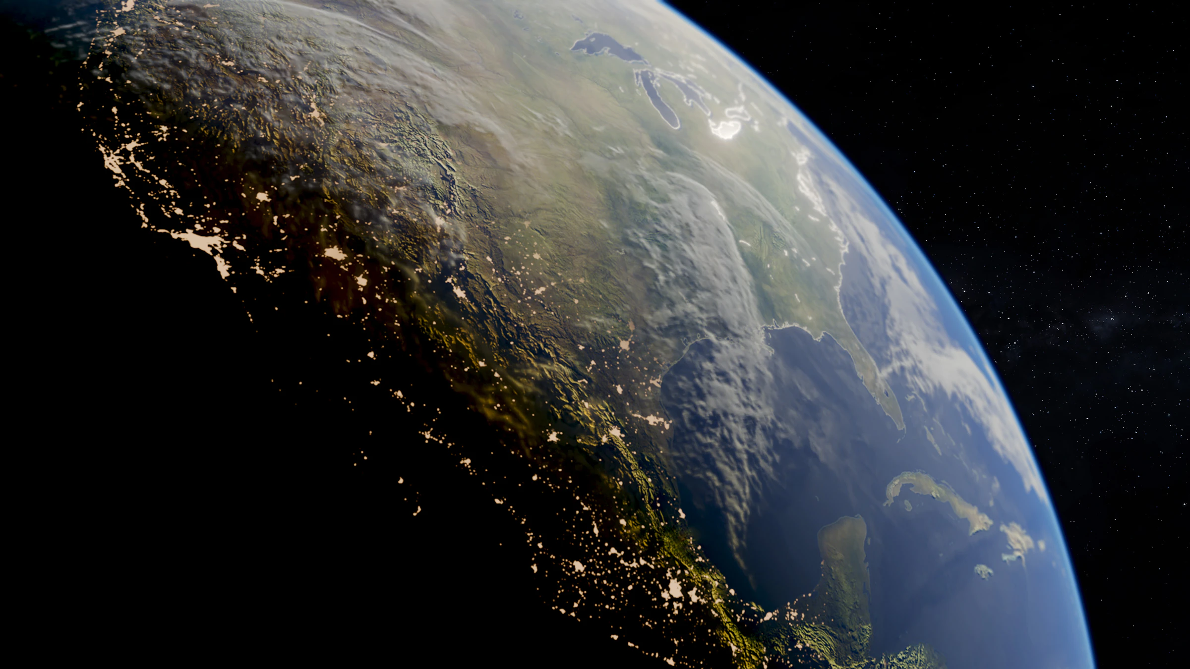 Earth from orbit at night, with city lights along the coast