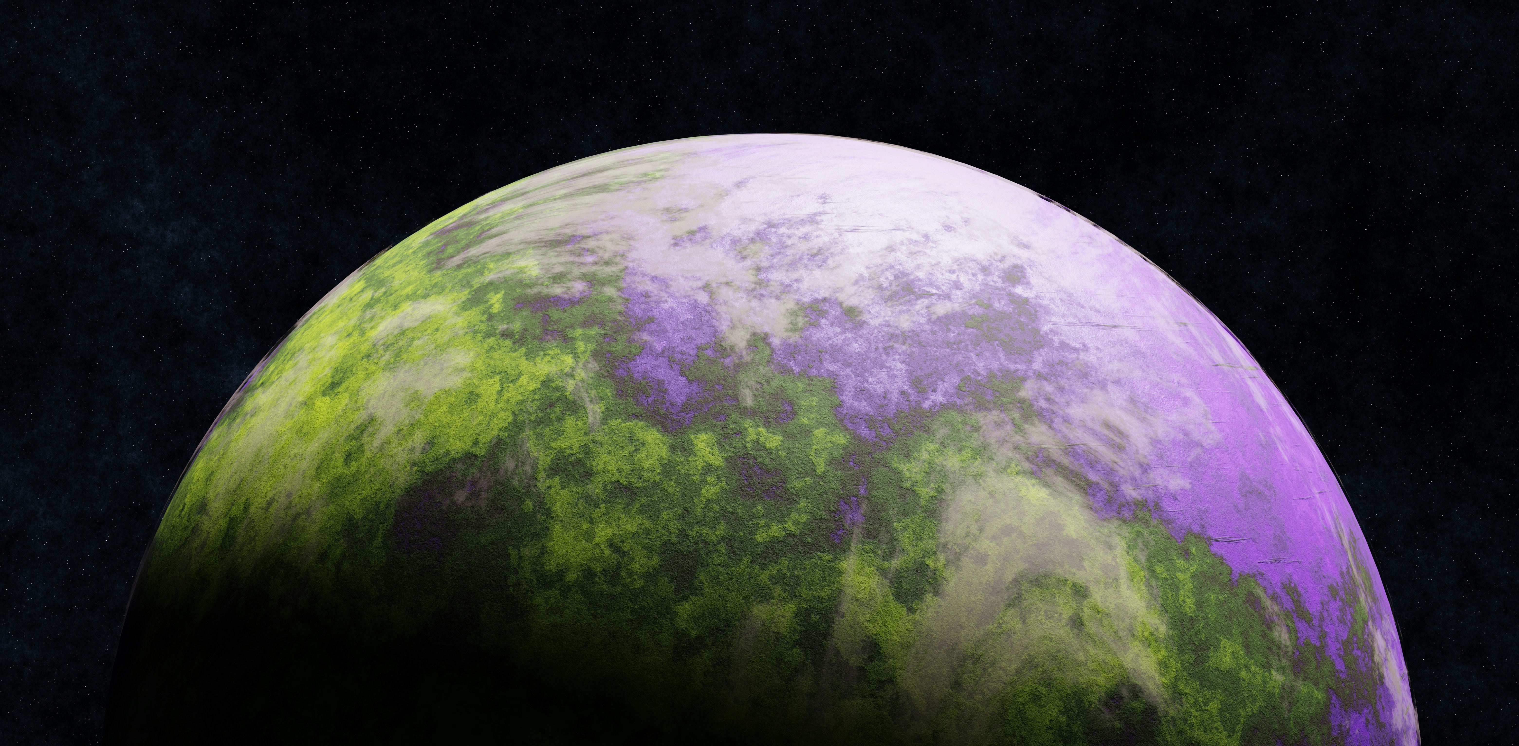 An alien planet with purple and green swirling clouds.