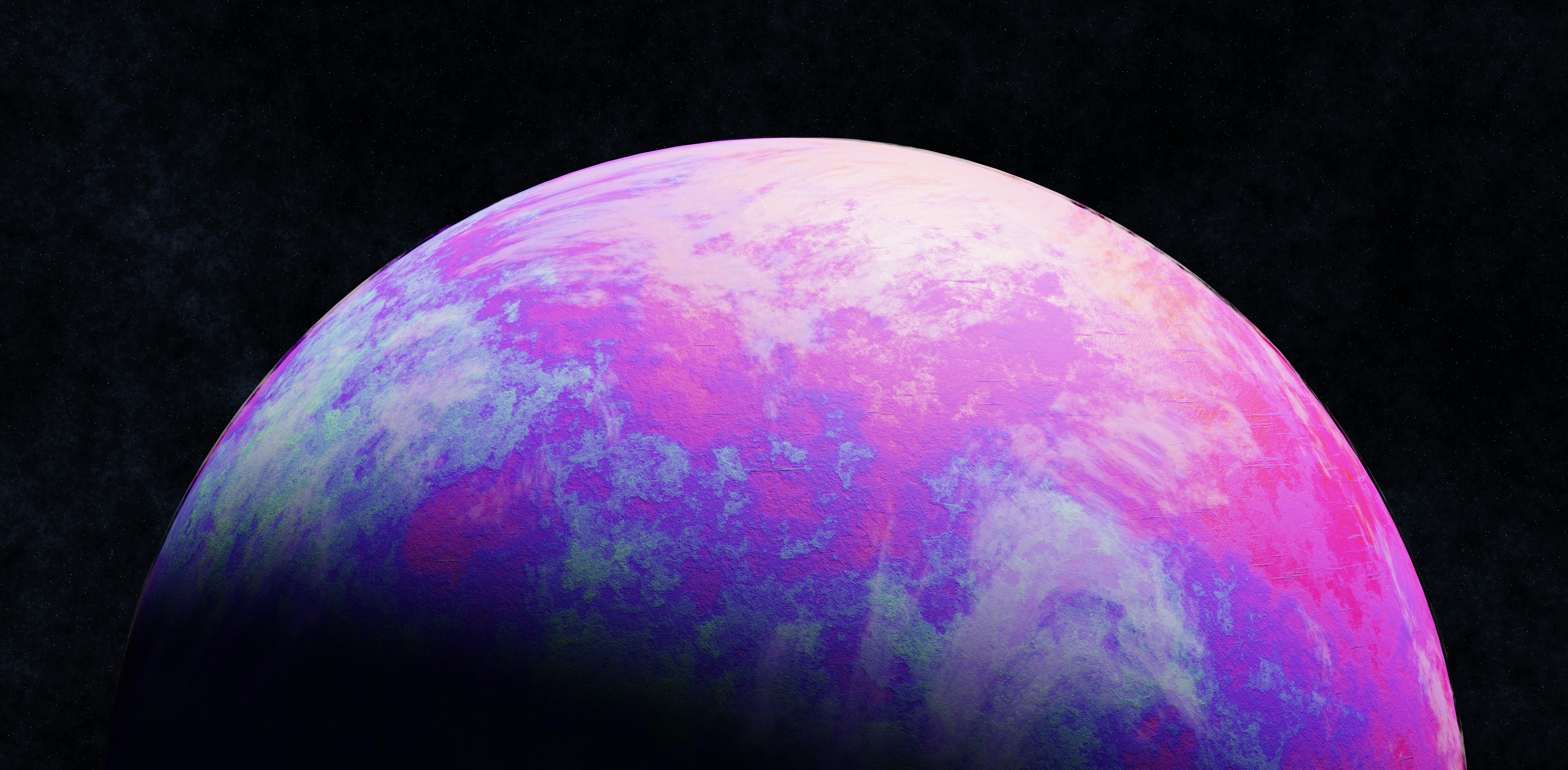 A vibrant pink and purple planet in dark space