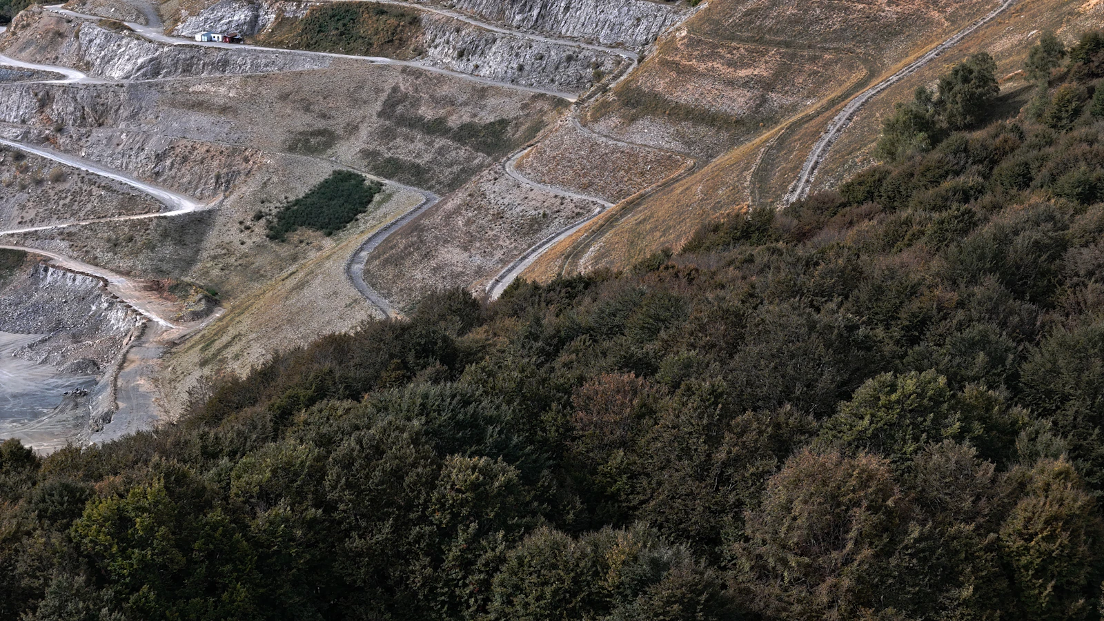 Vista aérea de mina a cielo abierto junto a bosque denso