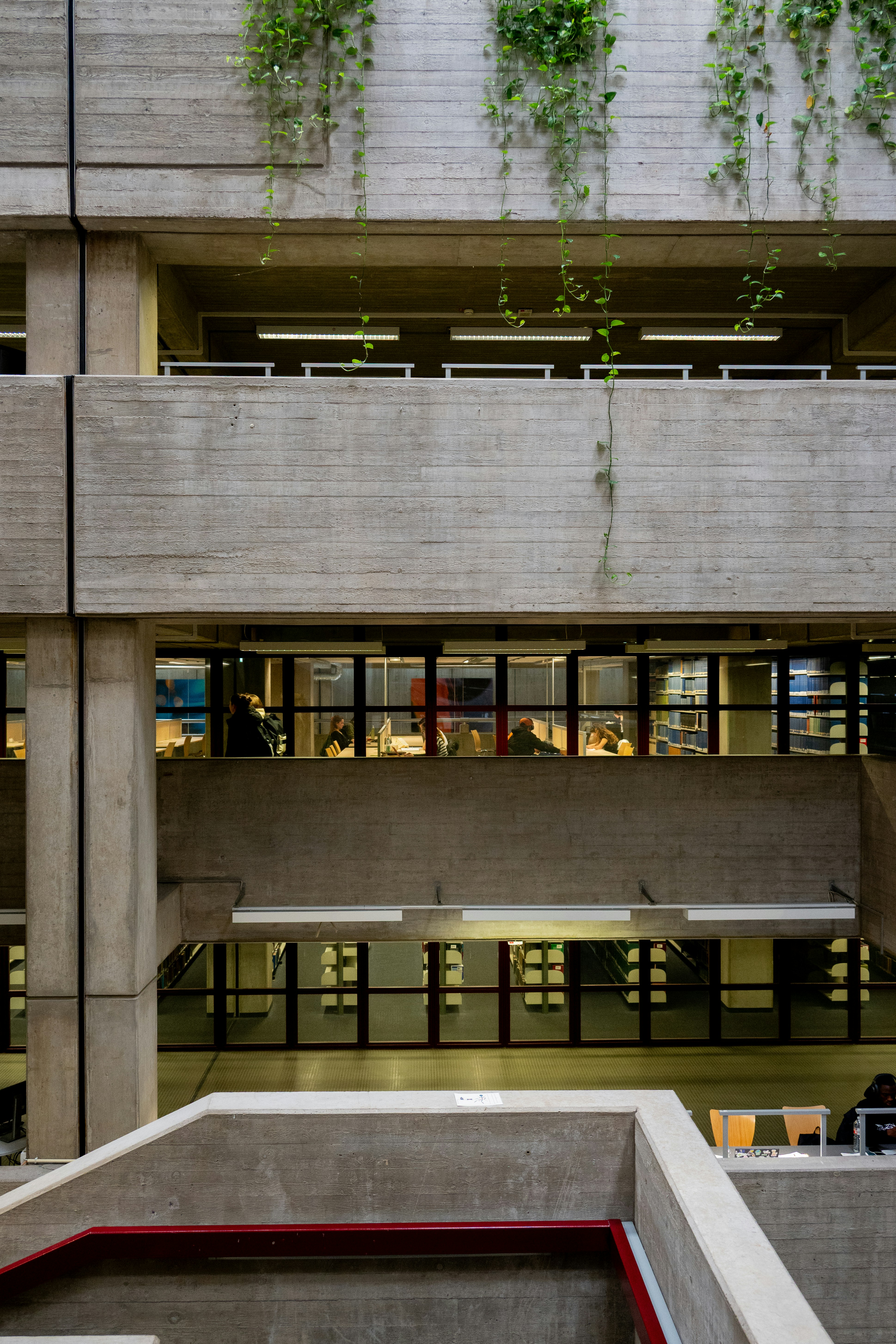 Modern brutalist building interior with hanging plants.