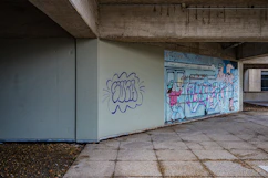 Graffiti art on a concrete wall under an overpass