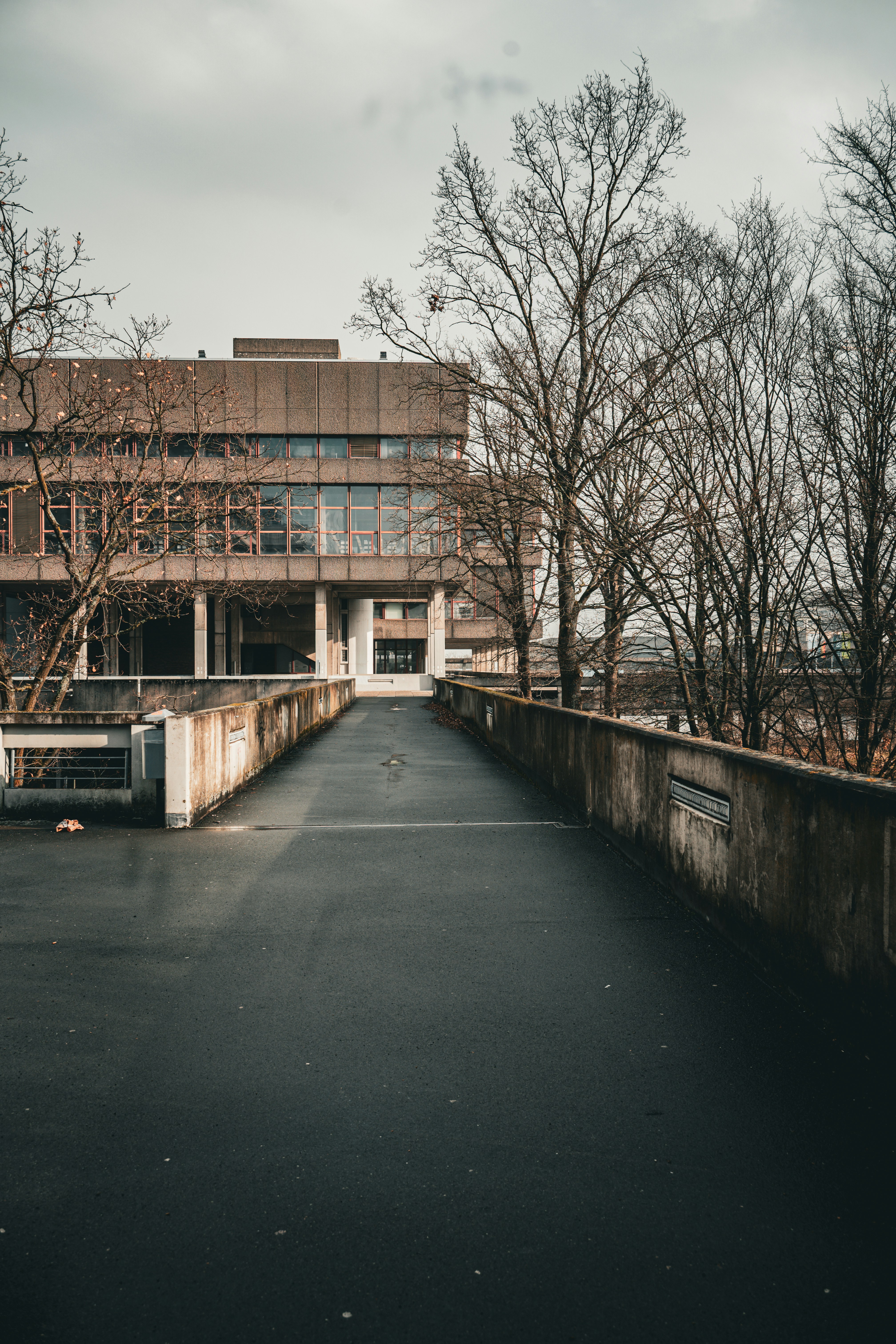 An old concrete building with bare trees and a walkway.