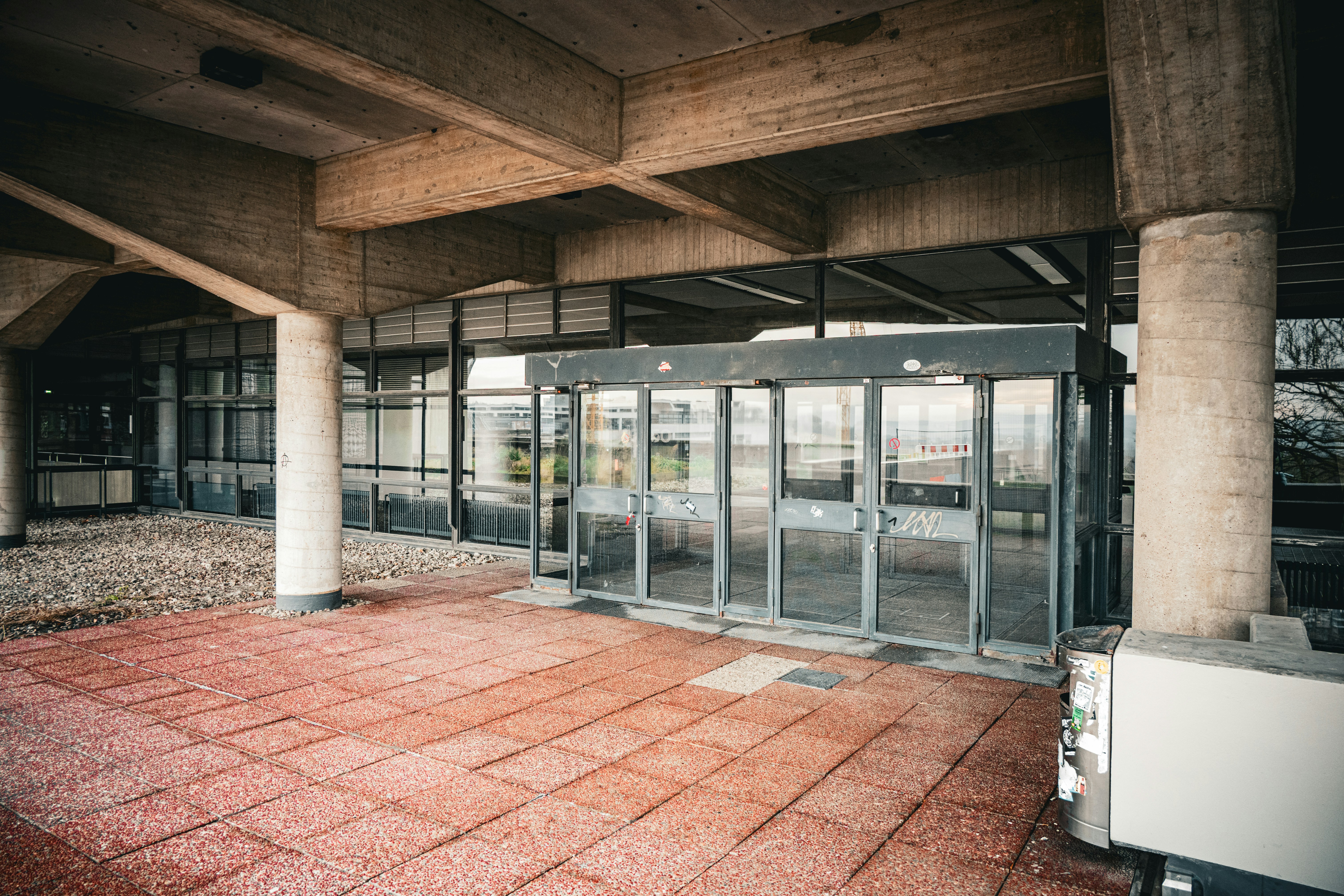 Modern building entrance with automatic glass doors