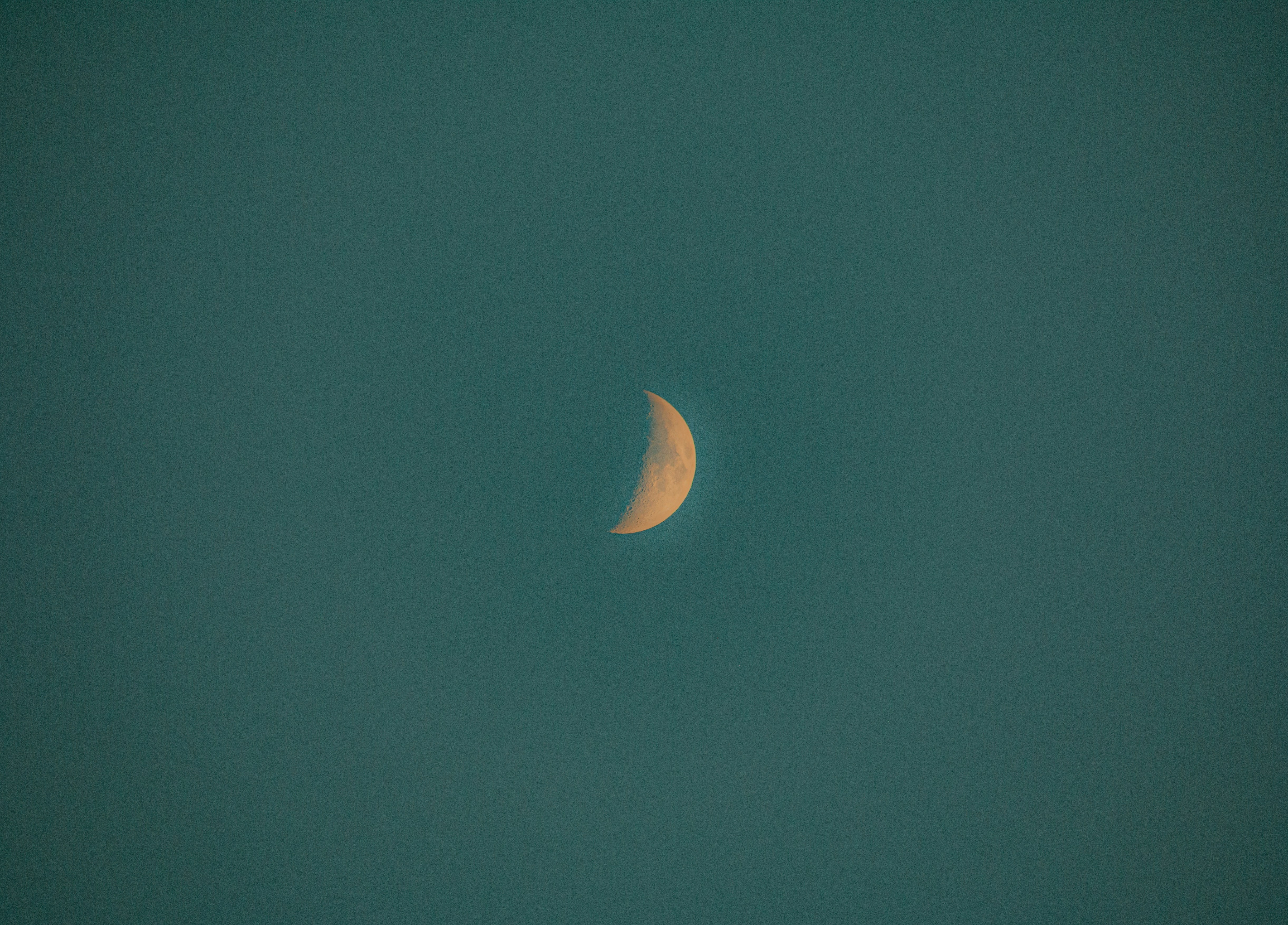 A crescent moon hangs in a teal sky.