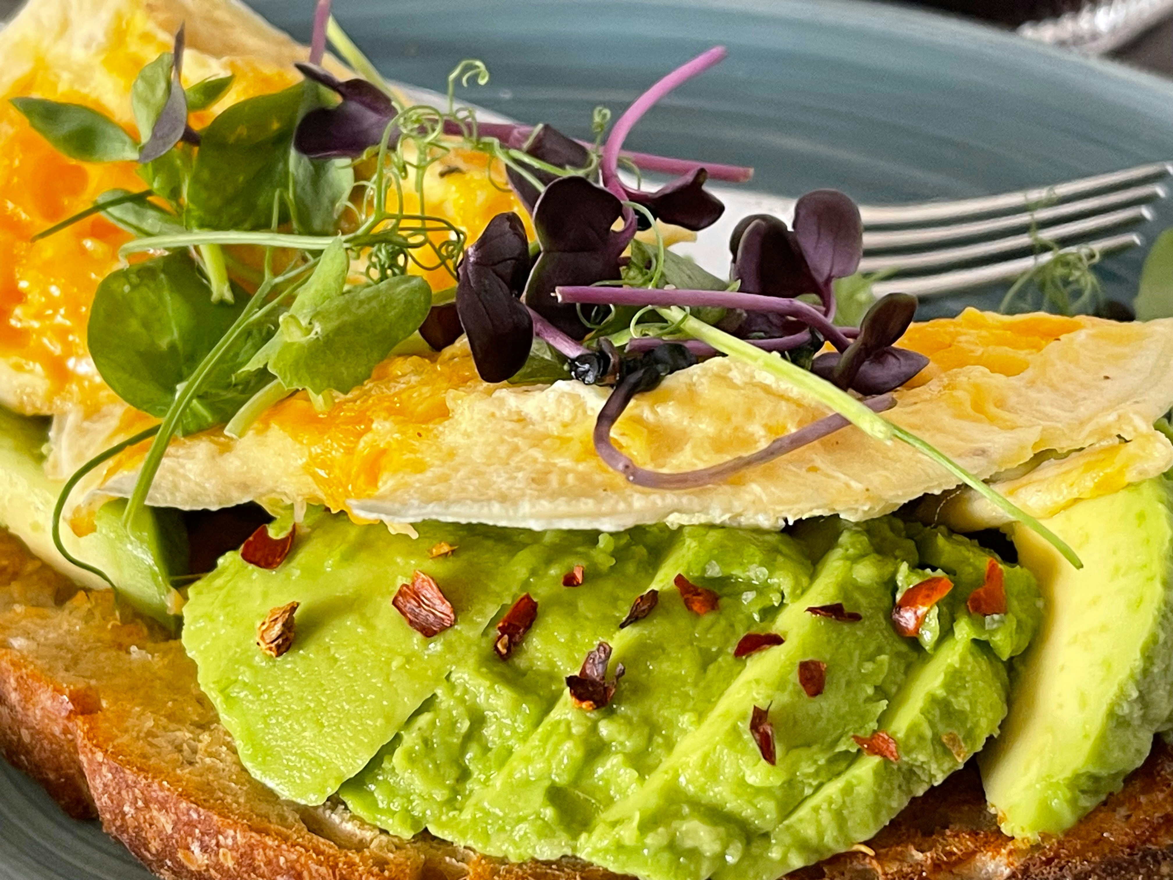 Avocado toast with egg and microgreens