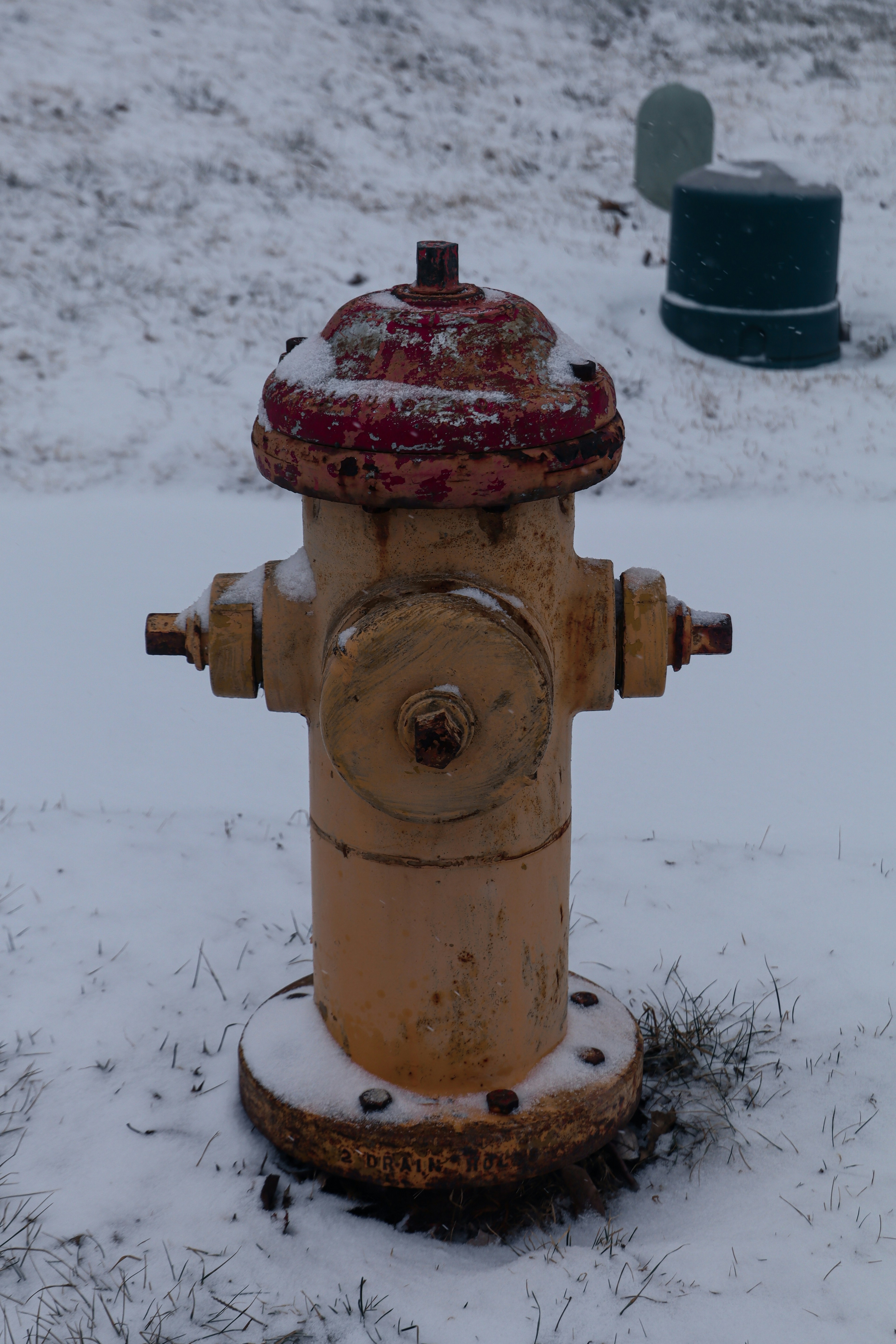 A yellow fire hydrant in the snow