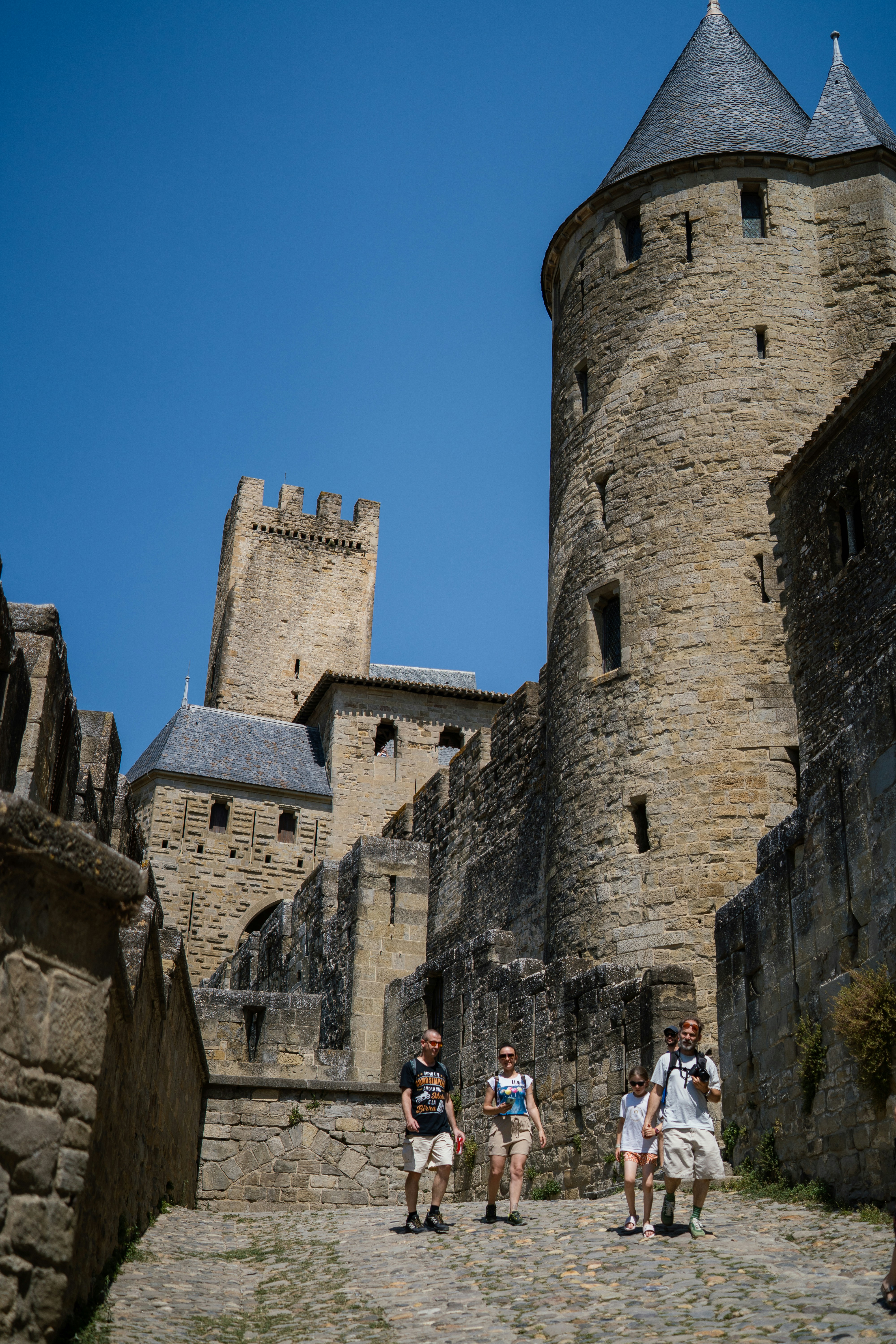 As pessoas caminham por um caminho de pedra em direção a um grande castelo.