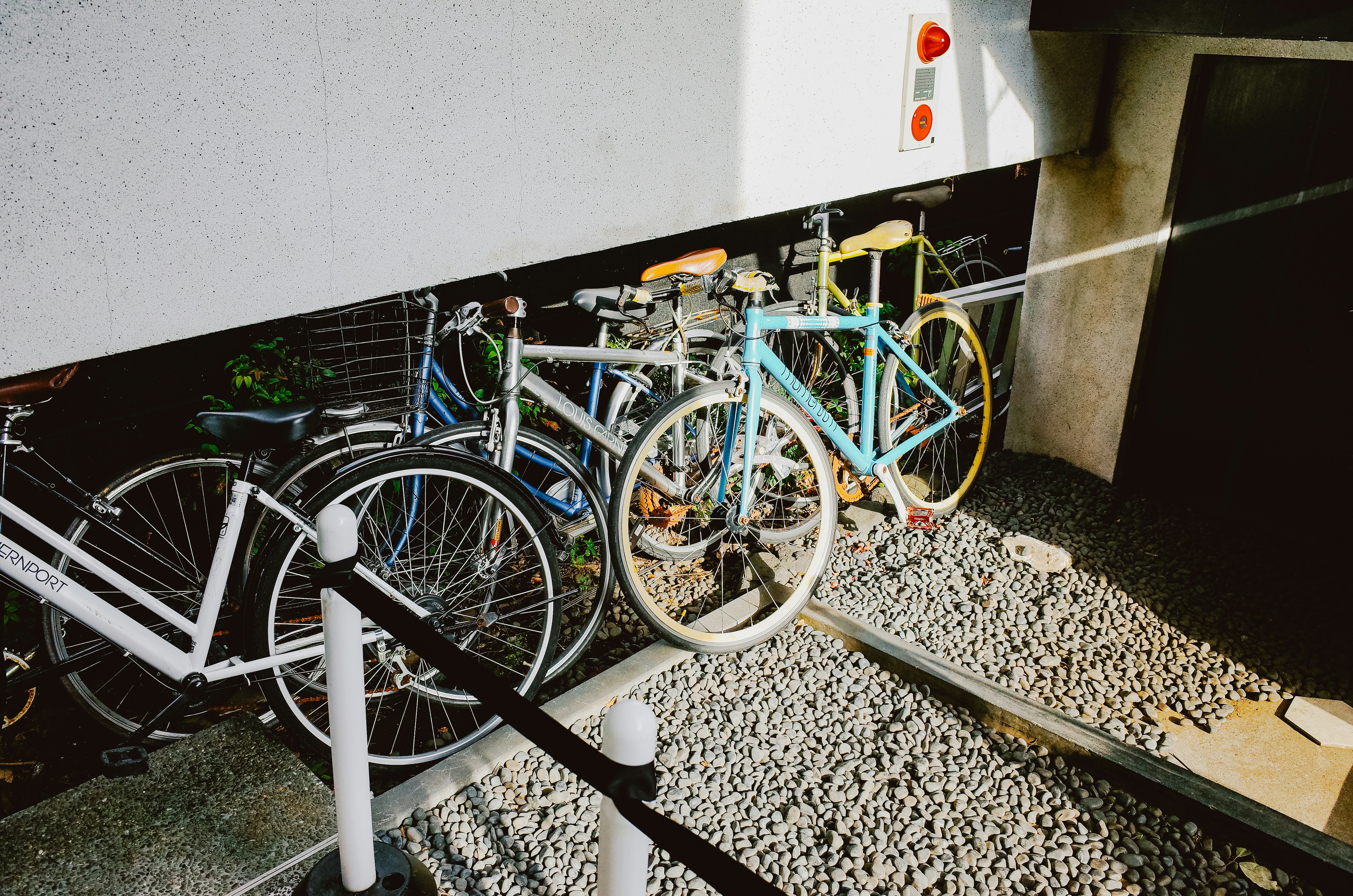 Plusieurs vélos étaient garés côte à côte sur le gravier.