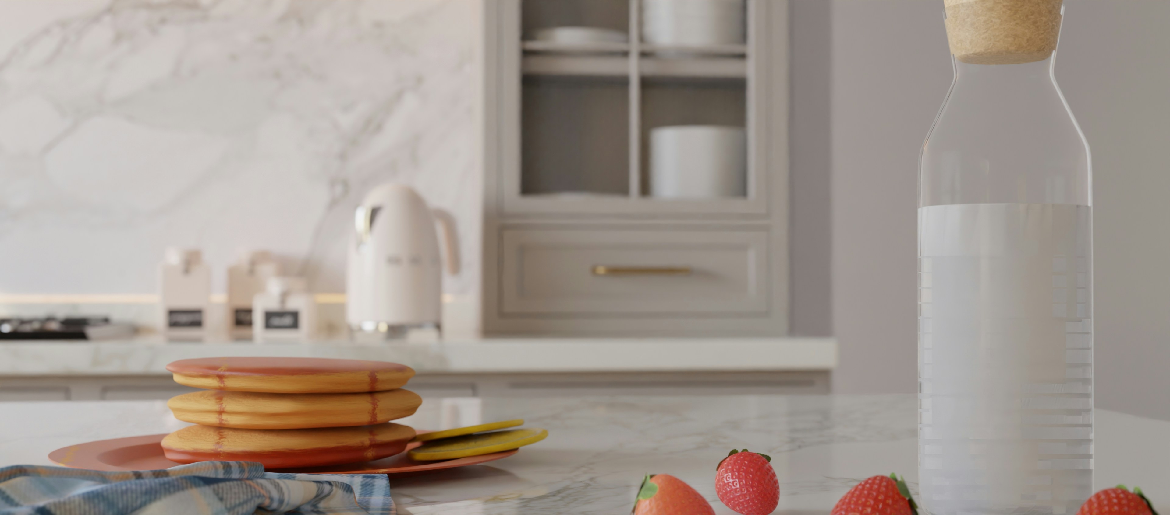 Stack of pancakes with milk and berries on counter.