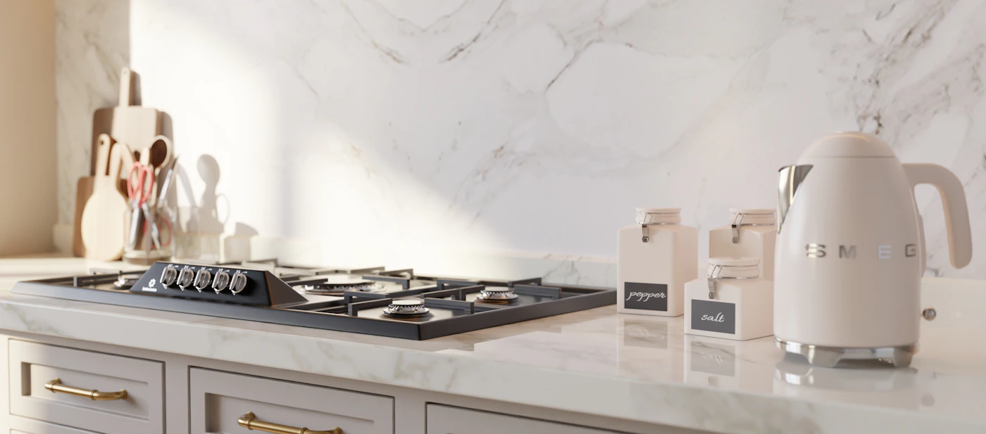 Modern kitchen with a kettle and thoughtfully arranged everyday kitchen elements
