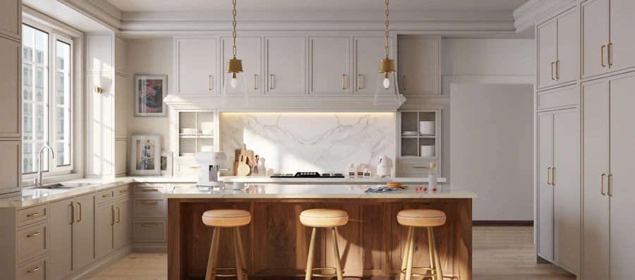 Warm kitchen with wood island, brass pendants, and marble backsplash