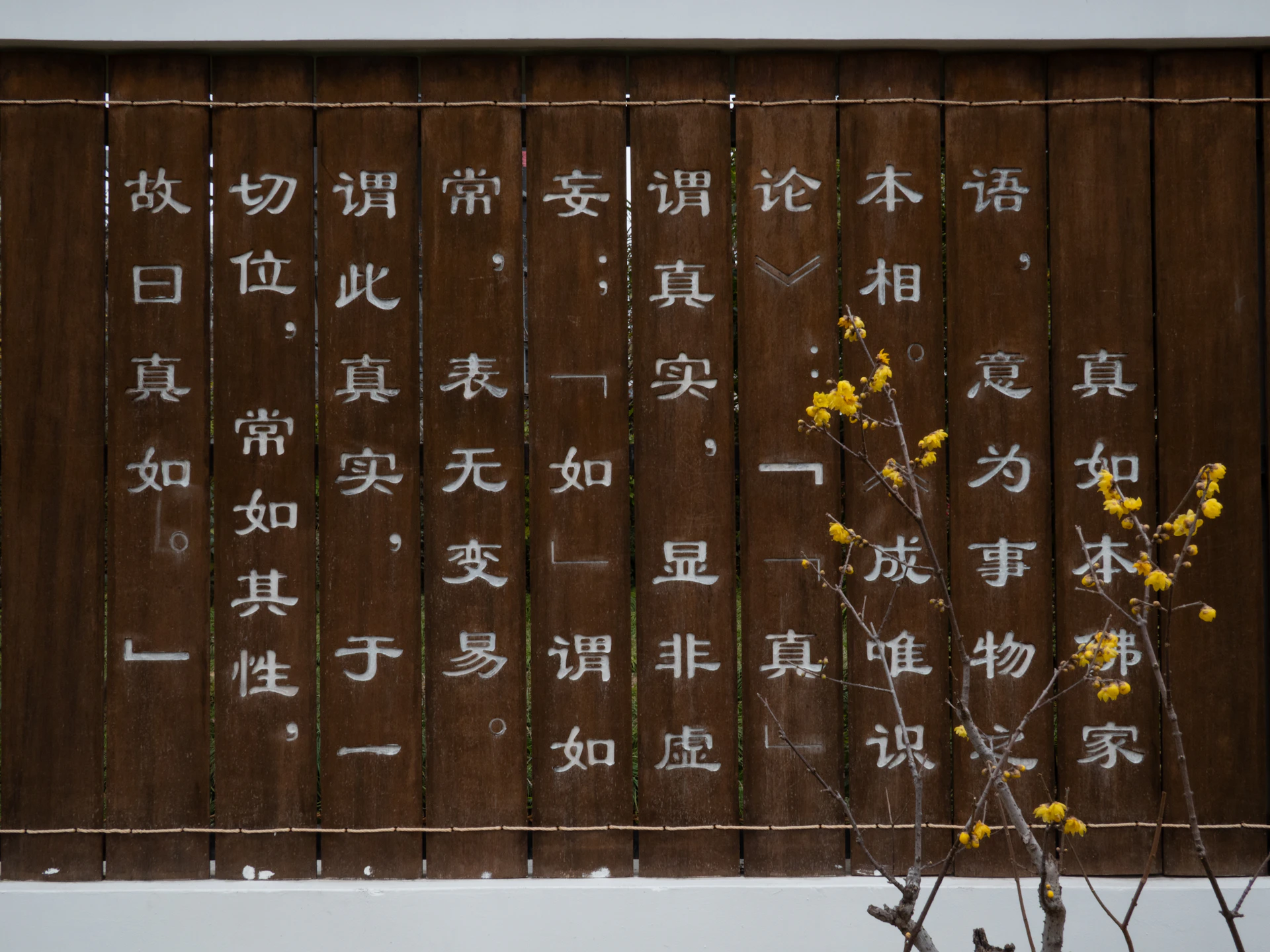 Wooden board with chinese calligraphy and yellow flowers