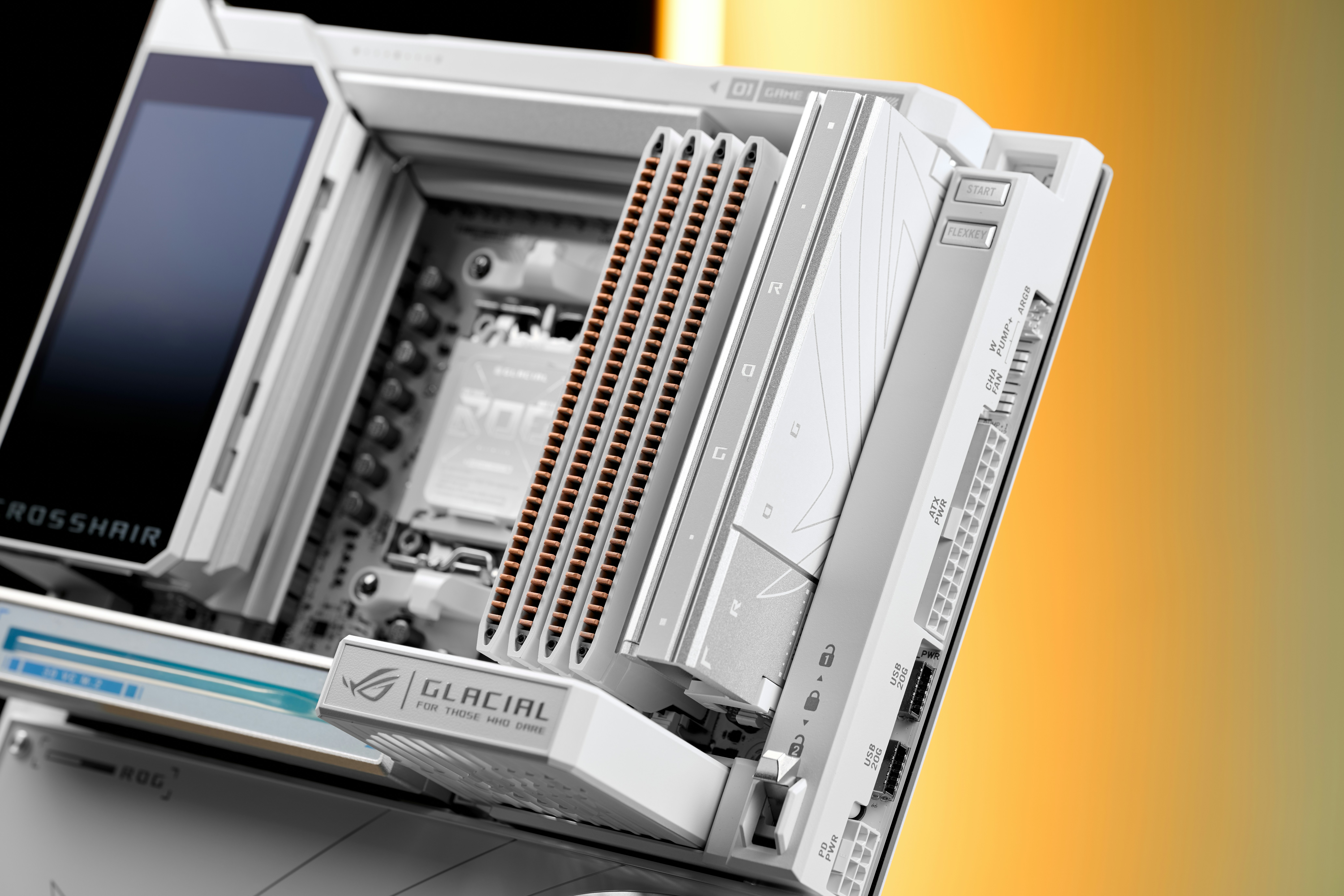 Close-up of a white computer motherboard with ram slots.