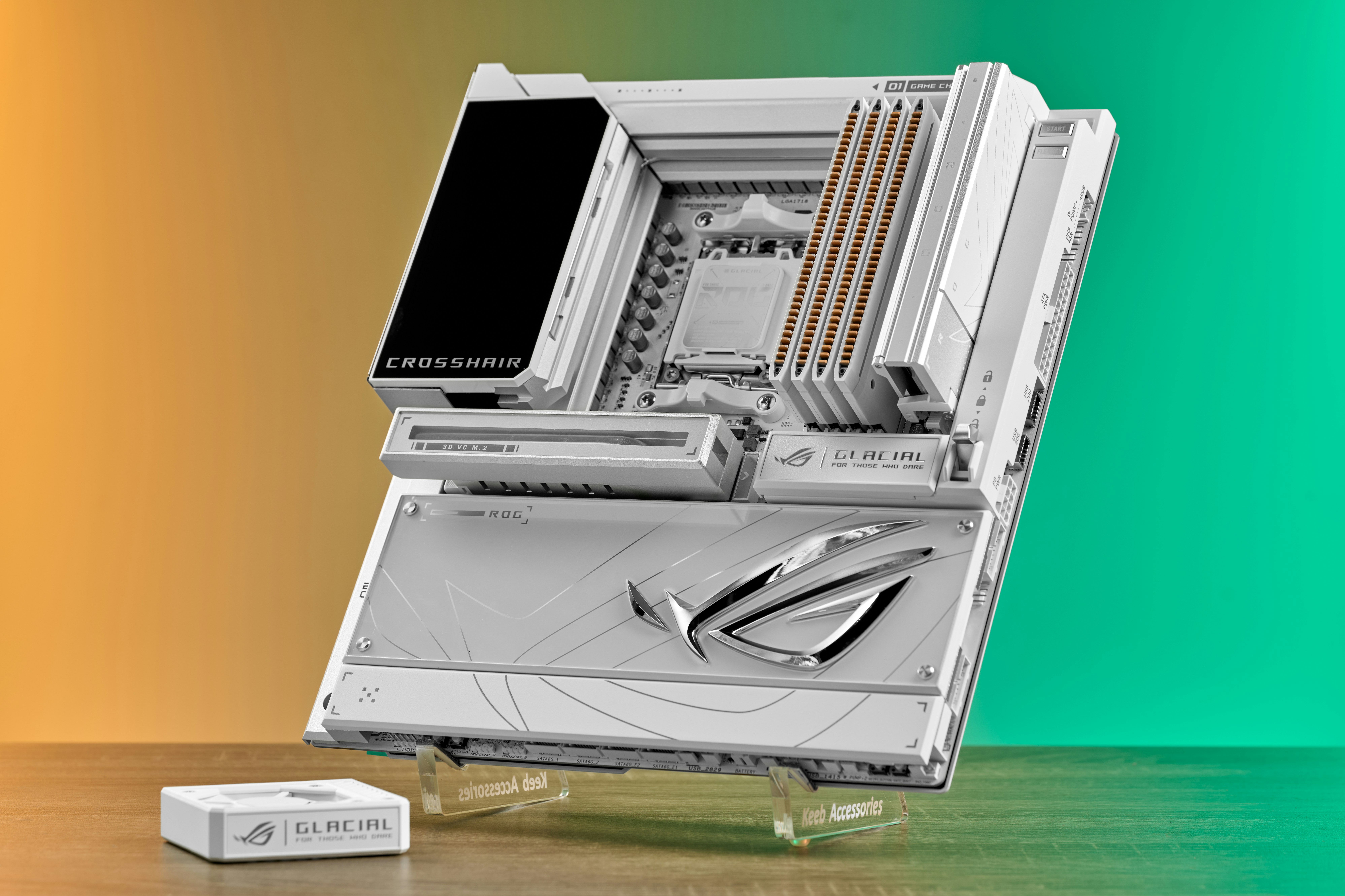 A white computer motherboard with rog logo