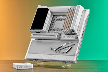 A white computer motherboard with rog logo