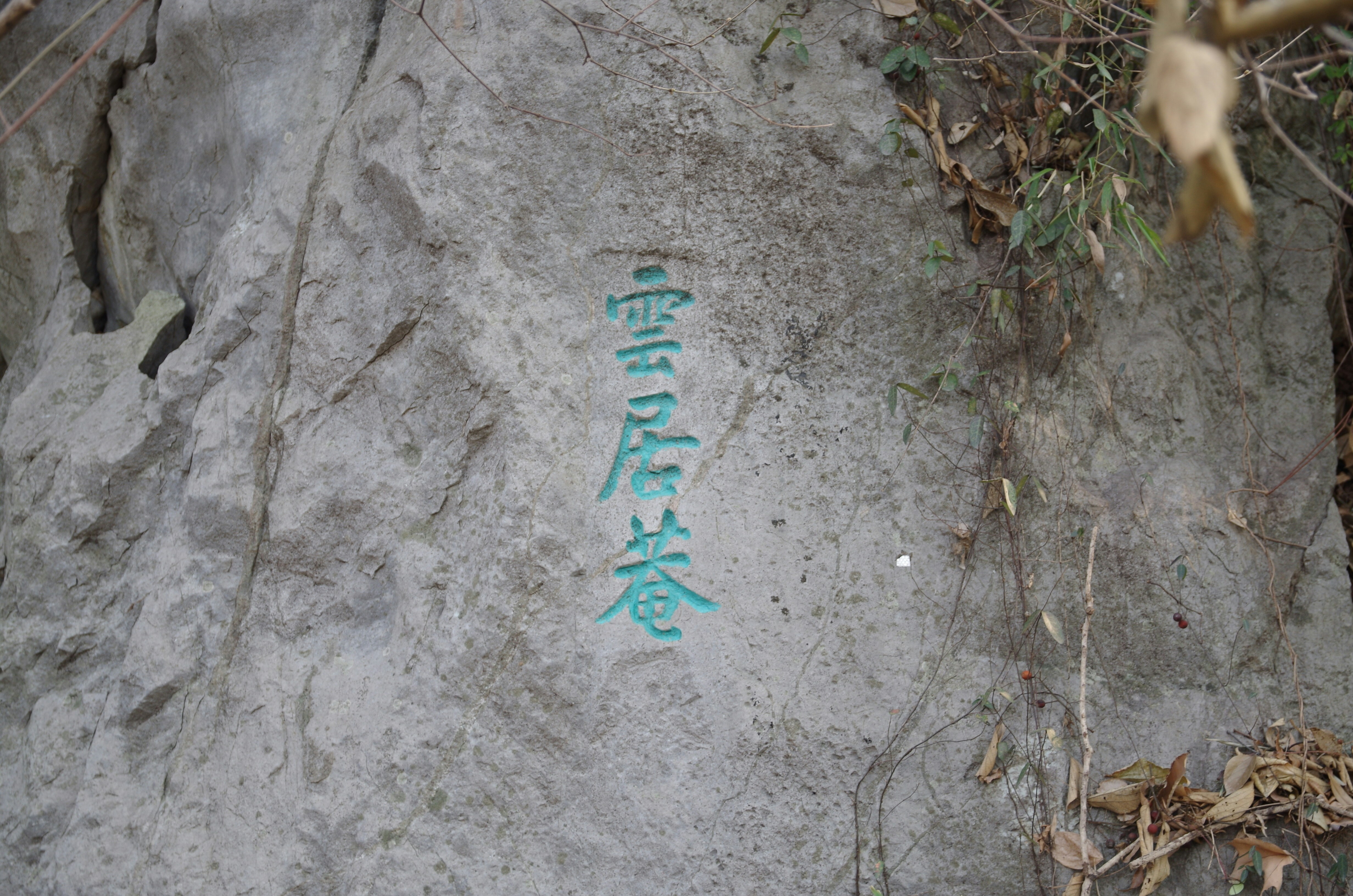 Green chinese characters carved into a rock face.