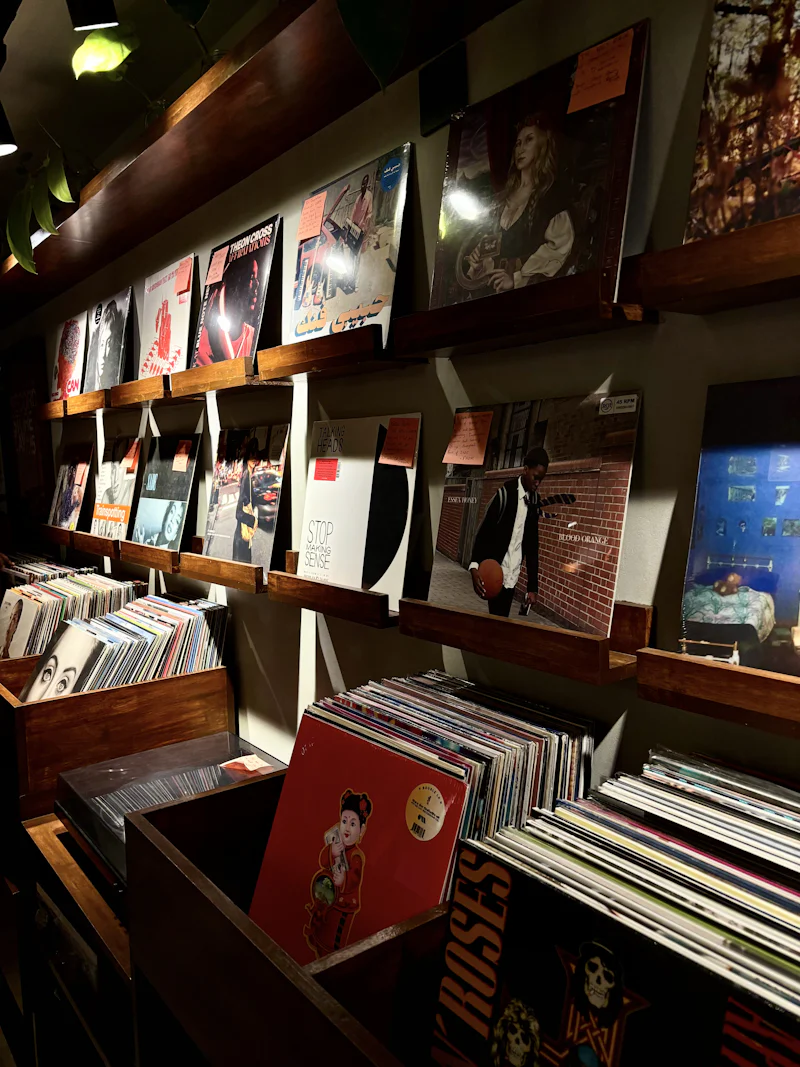 crates and shelves of vinyl records in a warmly lit store