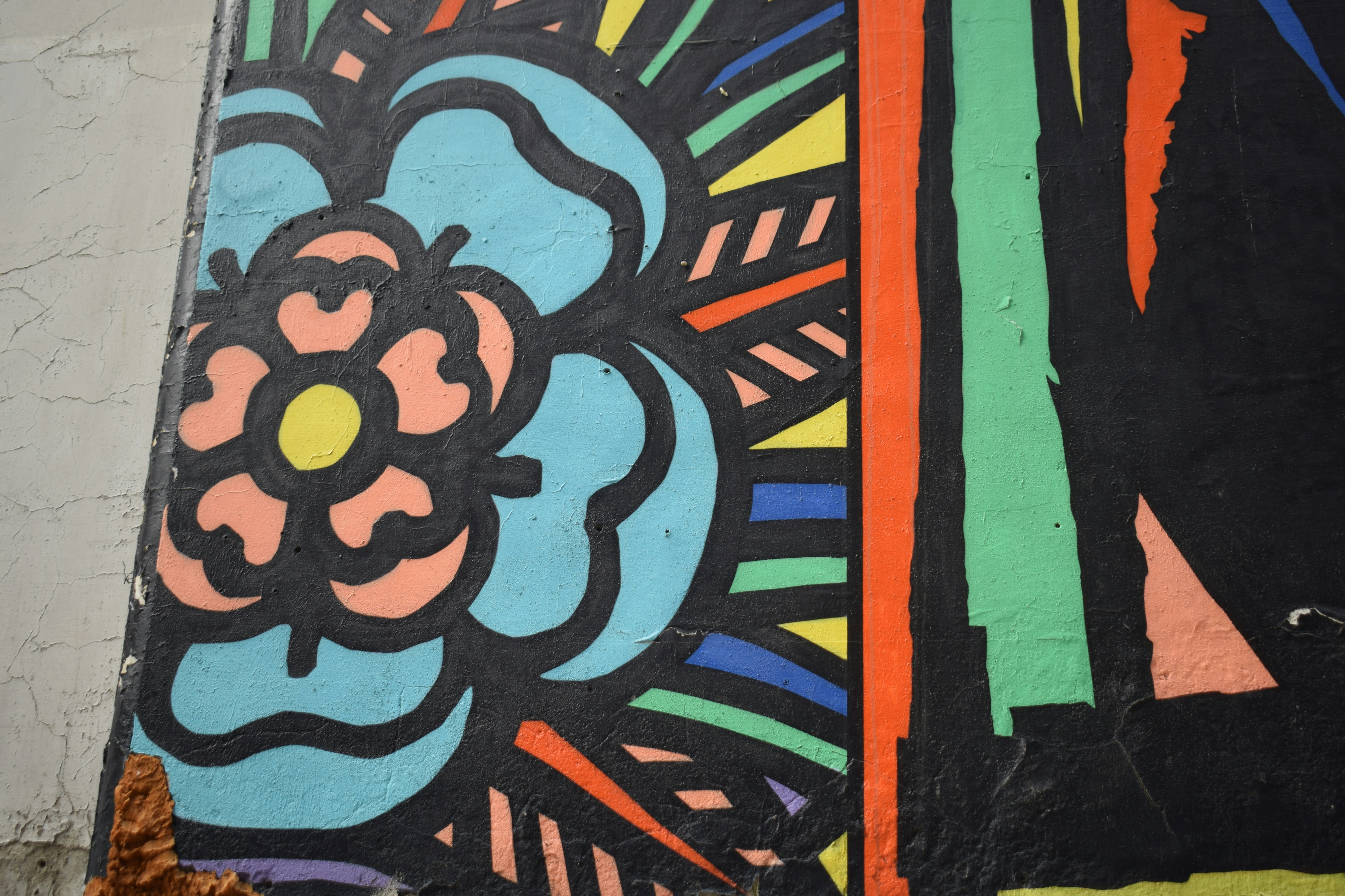 Colorful abstract flower pattern with black outlines.