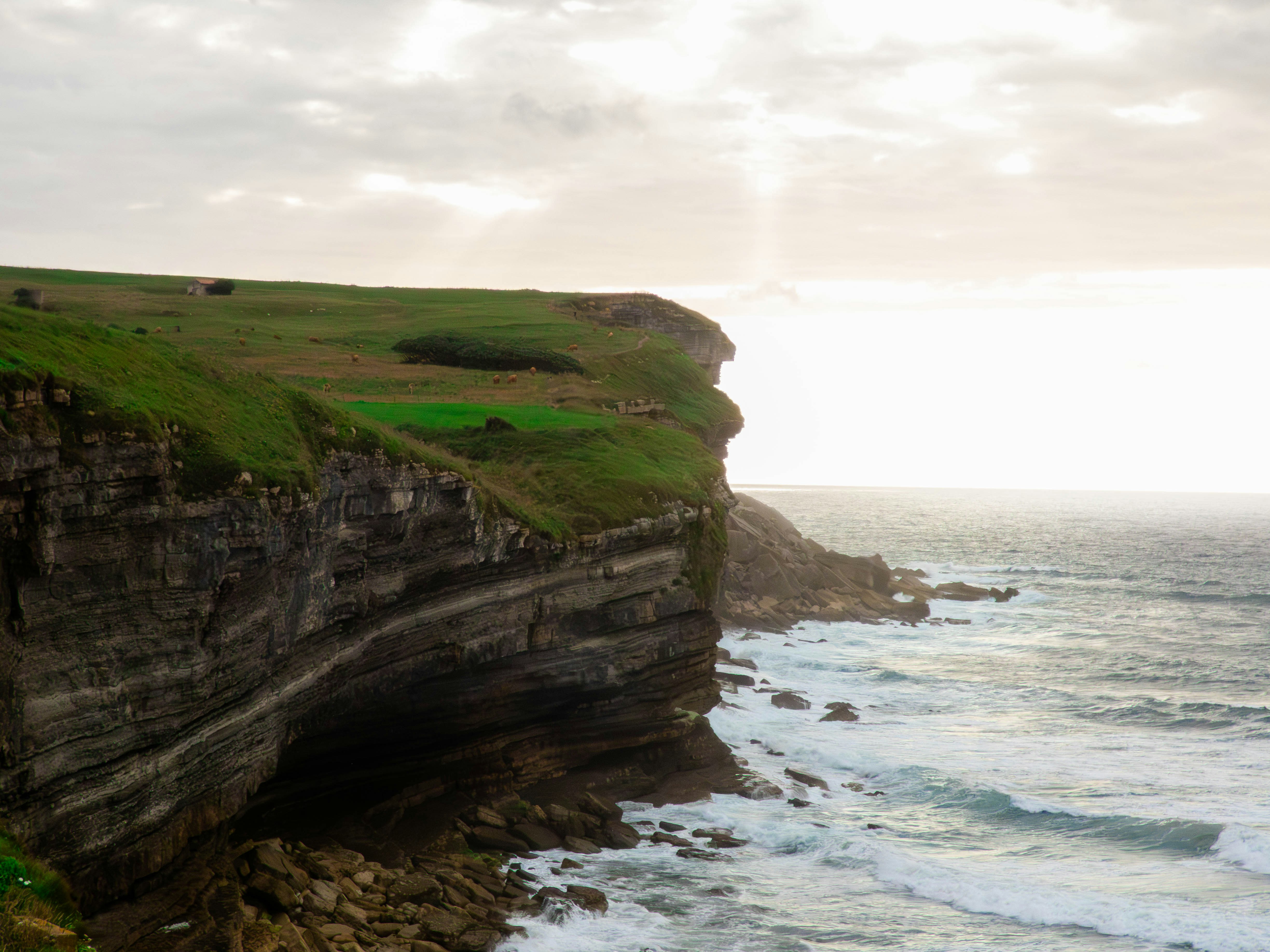 Ocean waves crash against a rocky cliffside with green grass.