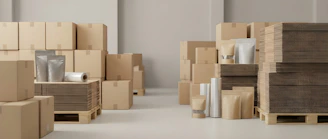 Cardboard boxes and packaging supplies in a warehouse.