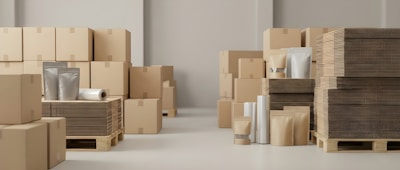 Cardboard boxes and packaging supplies in a warehouse.