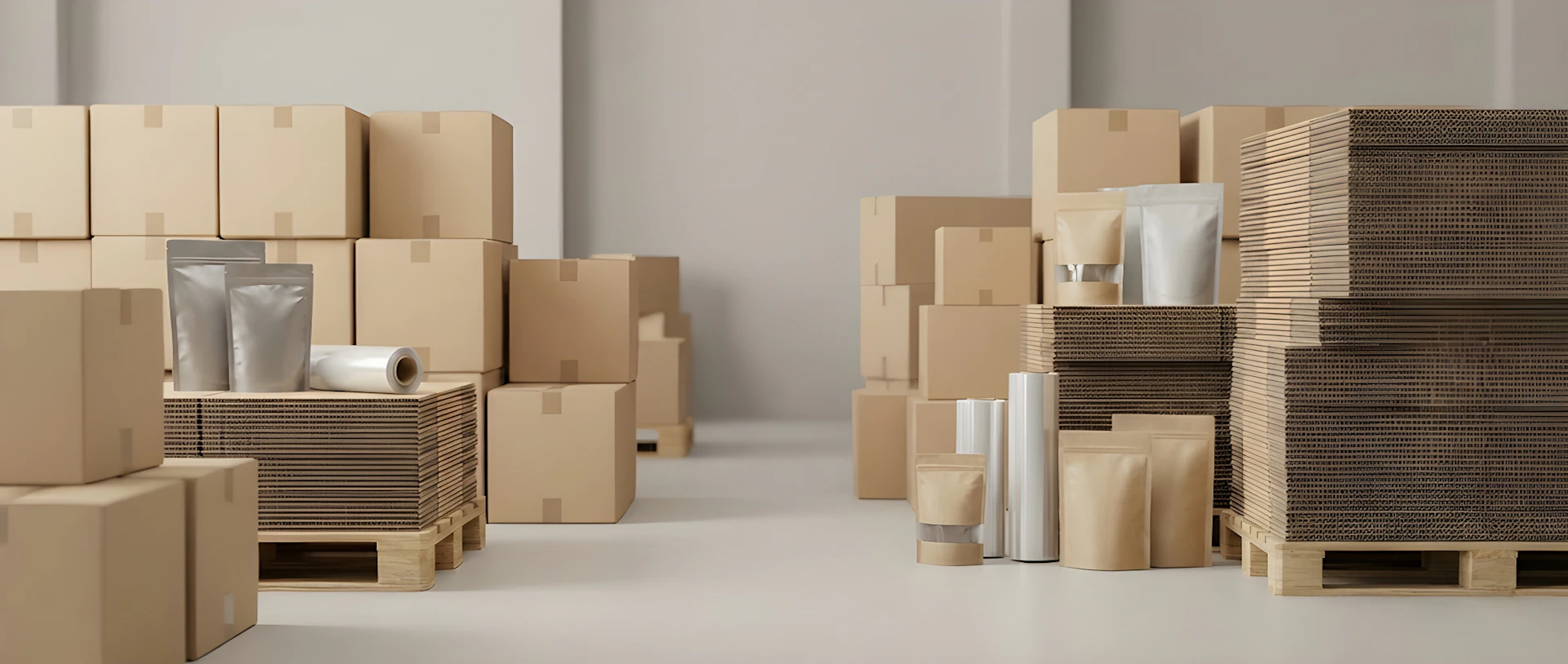 Cardboard boxes and packaging supplies in a warehouse.