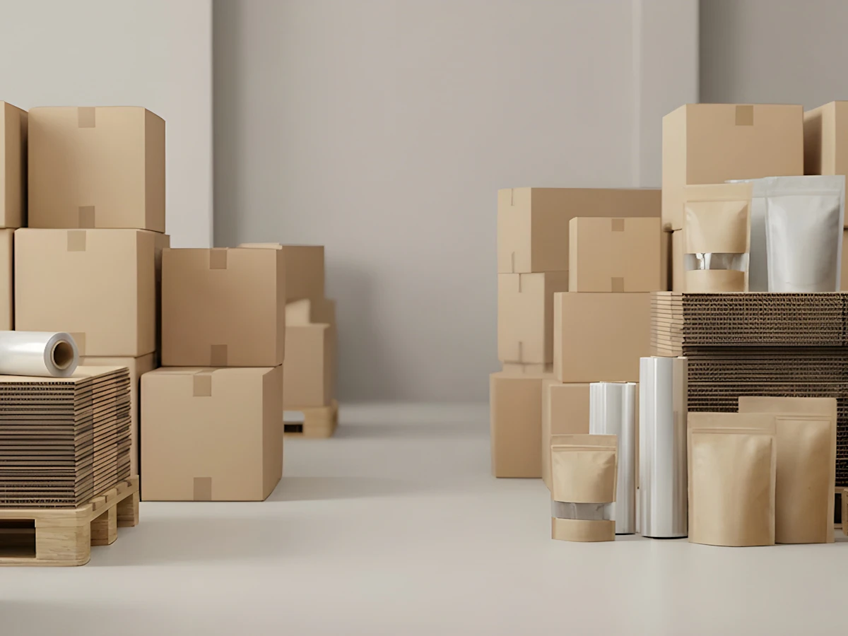 Cajas de cartón y material de embalaje en un almacén
