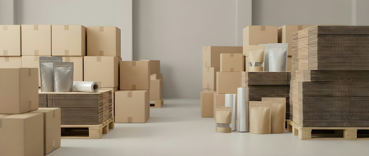 Cardboard boxes and packaging supplies in a warehouse