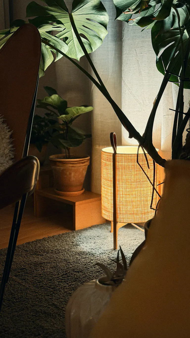 Cozy living room with a chair, plants and a warm table lamp
