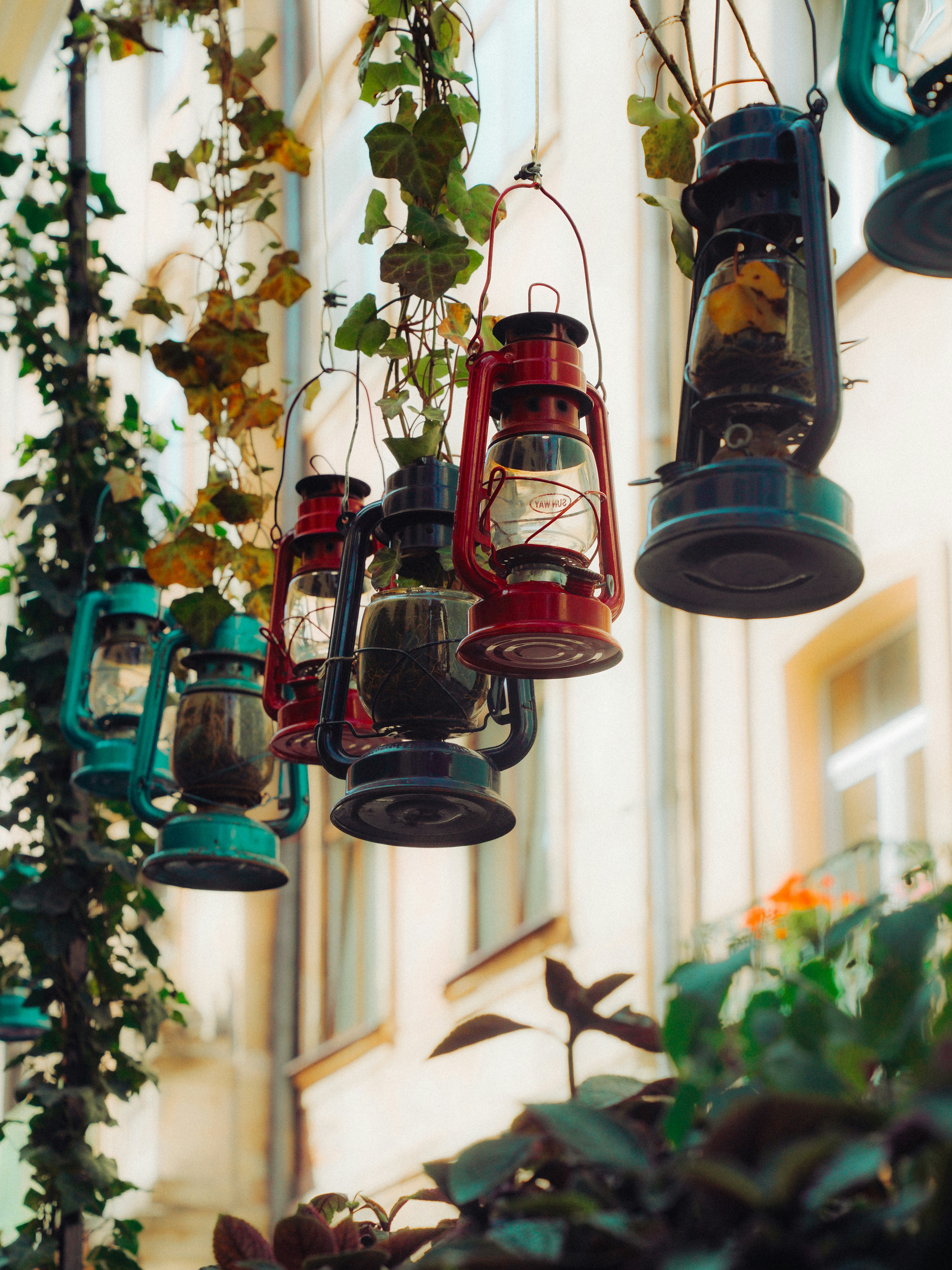 Several vintage lanterns hang outdoors with greenery.