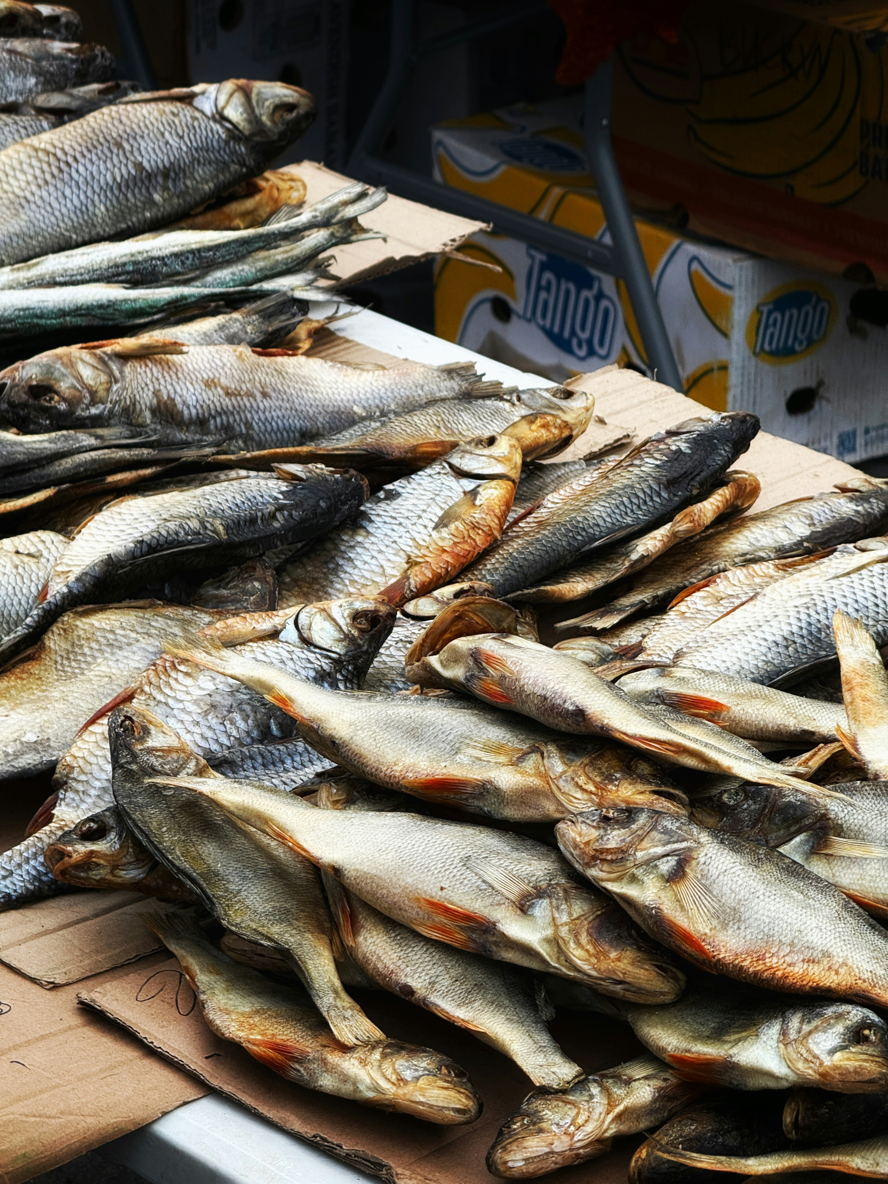 Pile of dried fish on a table