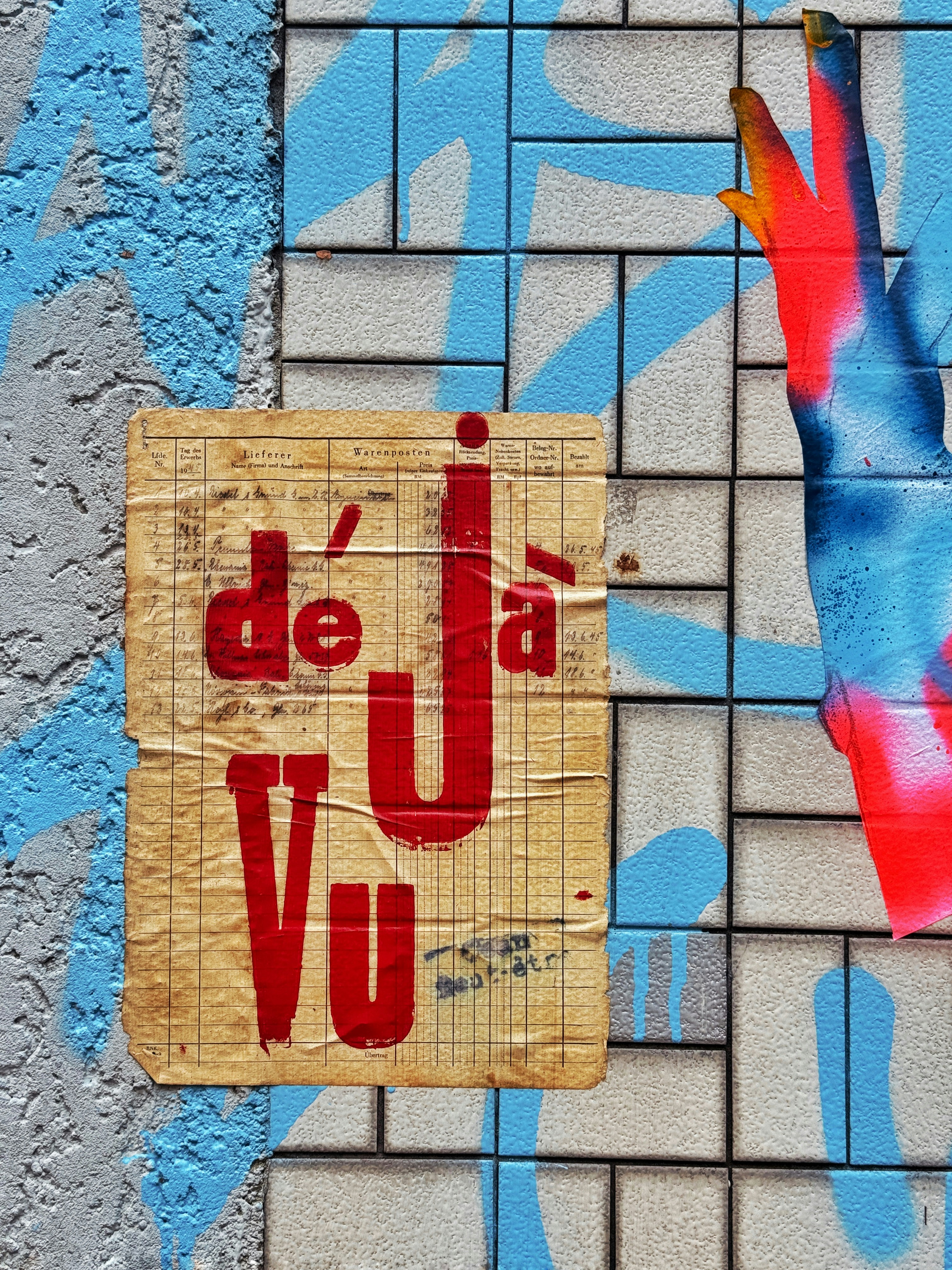 Red text on yellow paper reads deja vu