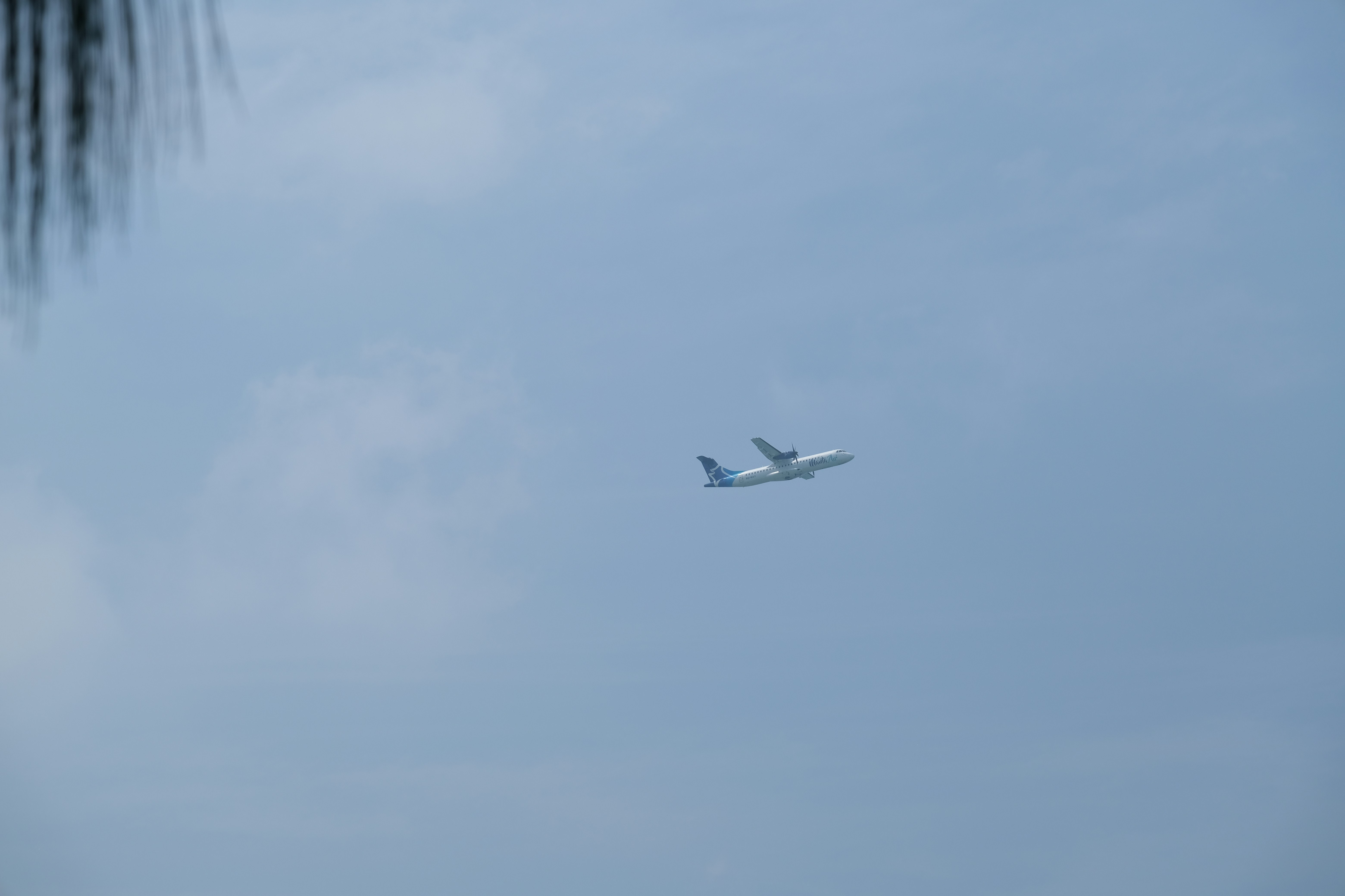 Ein Flugzeug, das an einem klaren blauen Himmel fliegt.