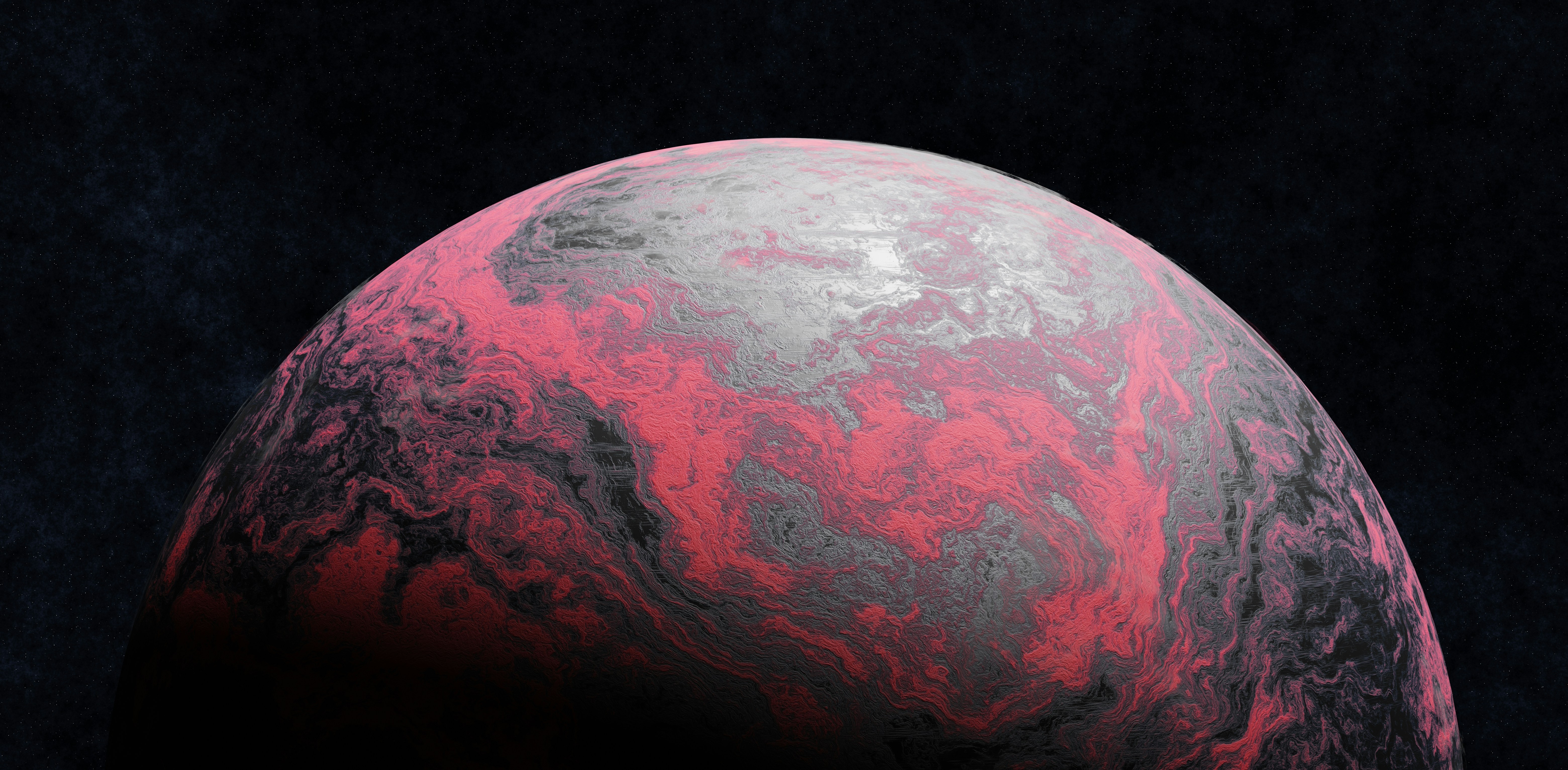 A pink and gray planet in dark space.