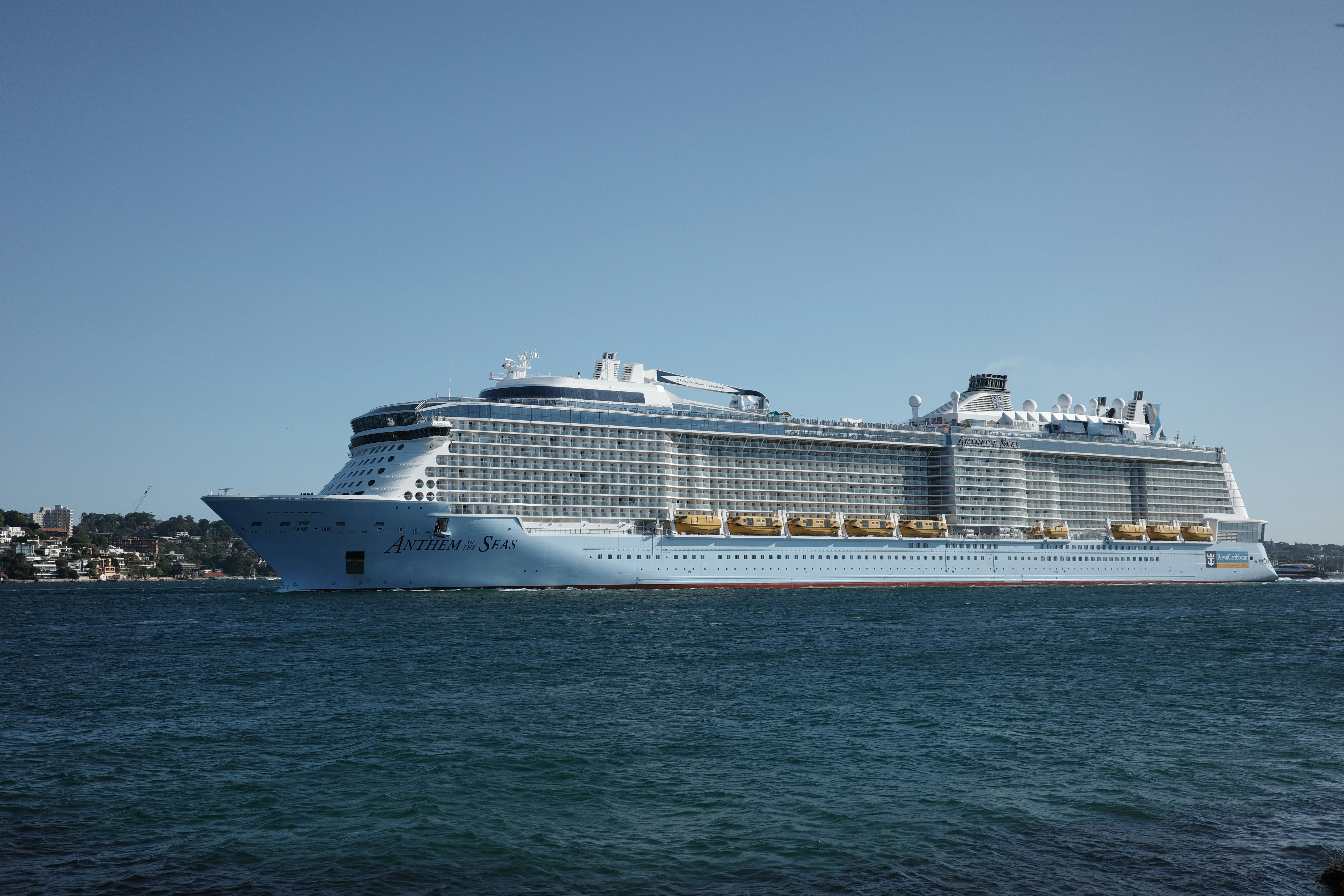A large cruise ship sailing on the ocean.