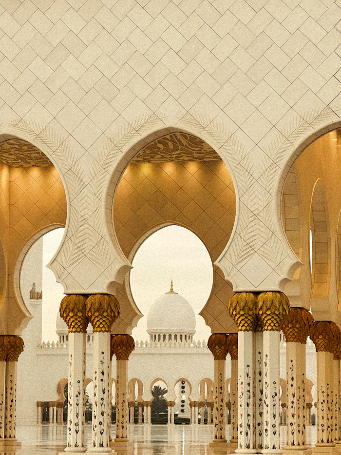 Marble columns and arches inside Sheikh Zayed Grand Mosque