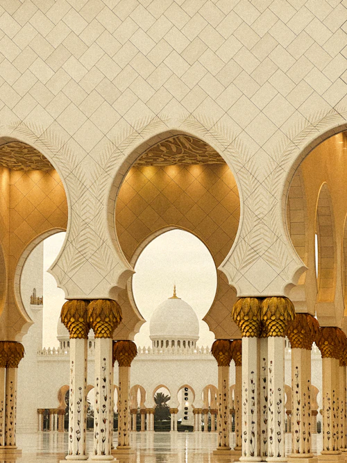 Grand mosque arches and columns in warm golden light