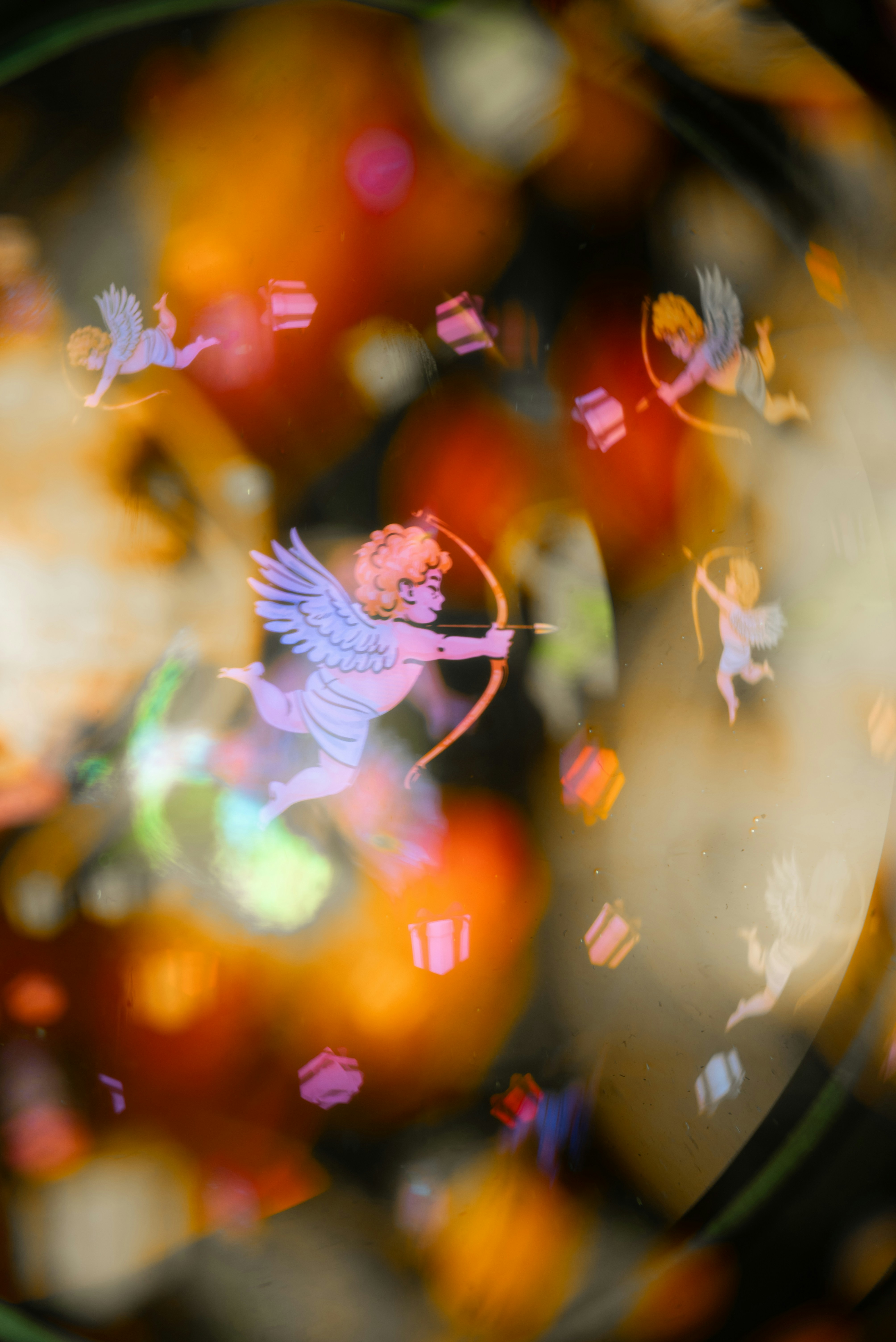 Cupids with bows and arrows in a bokeh background