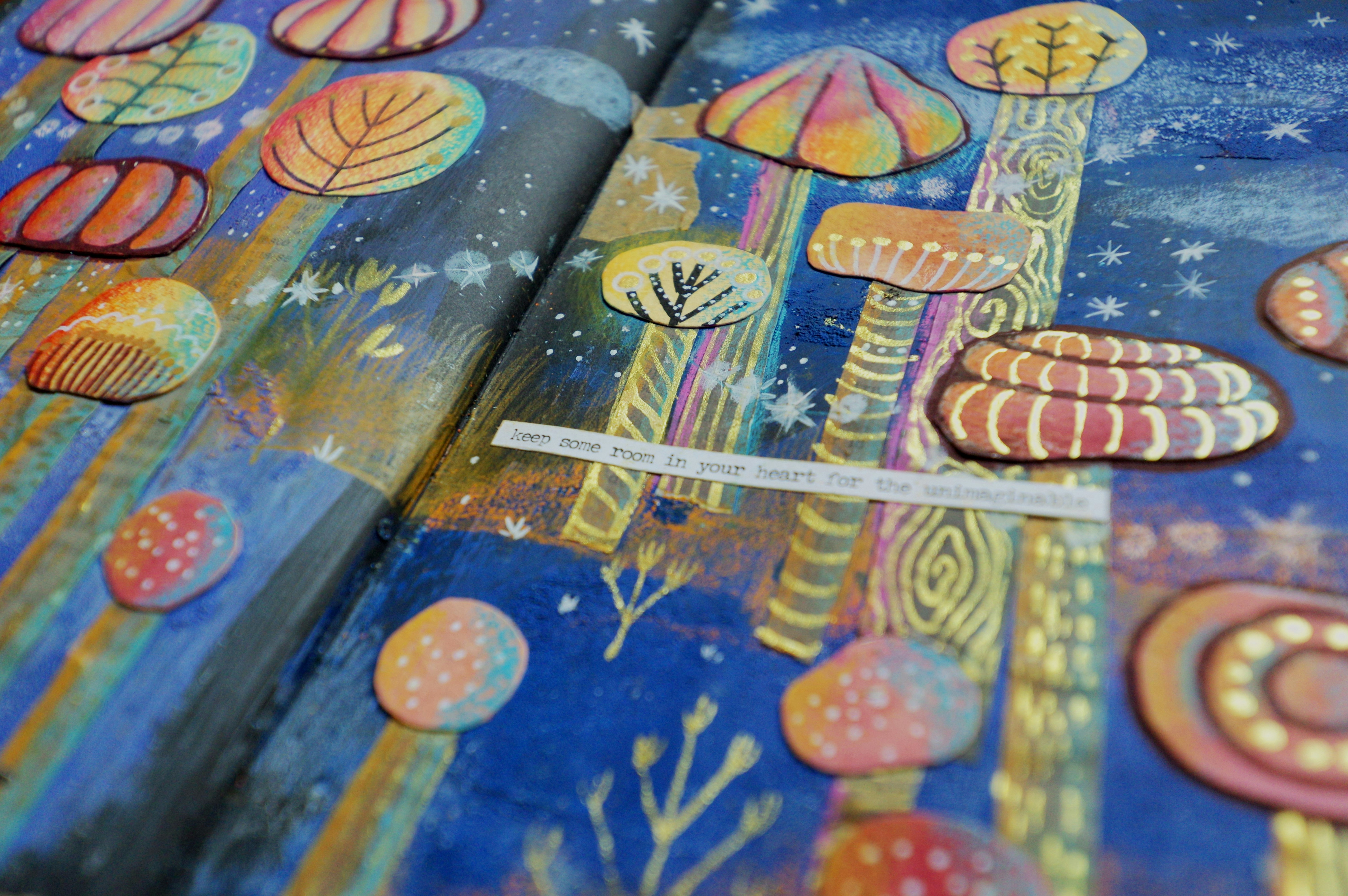 Whimsical forest scene with glowing mushrooms and stars