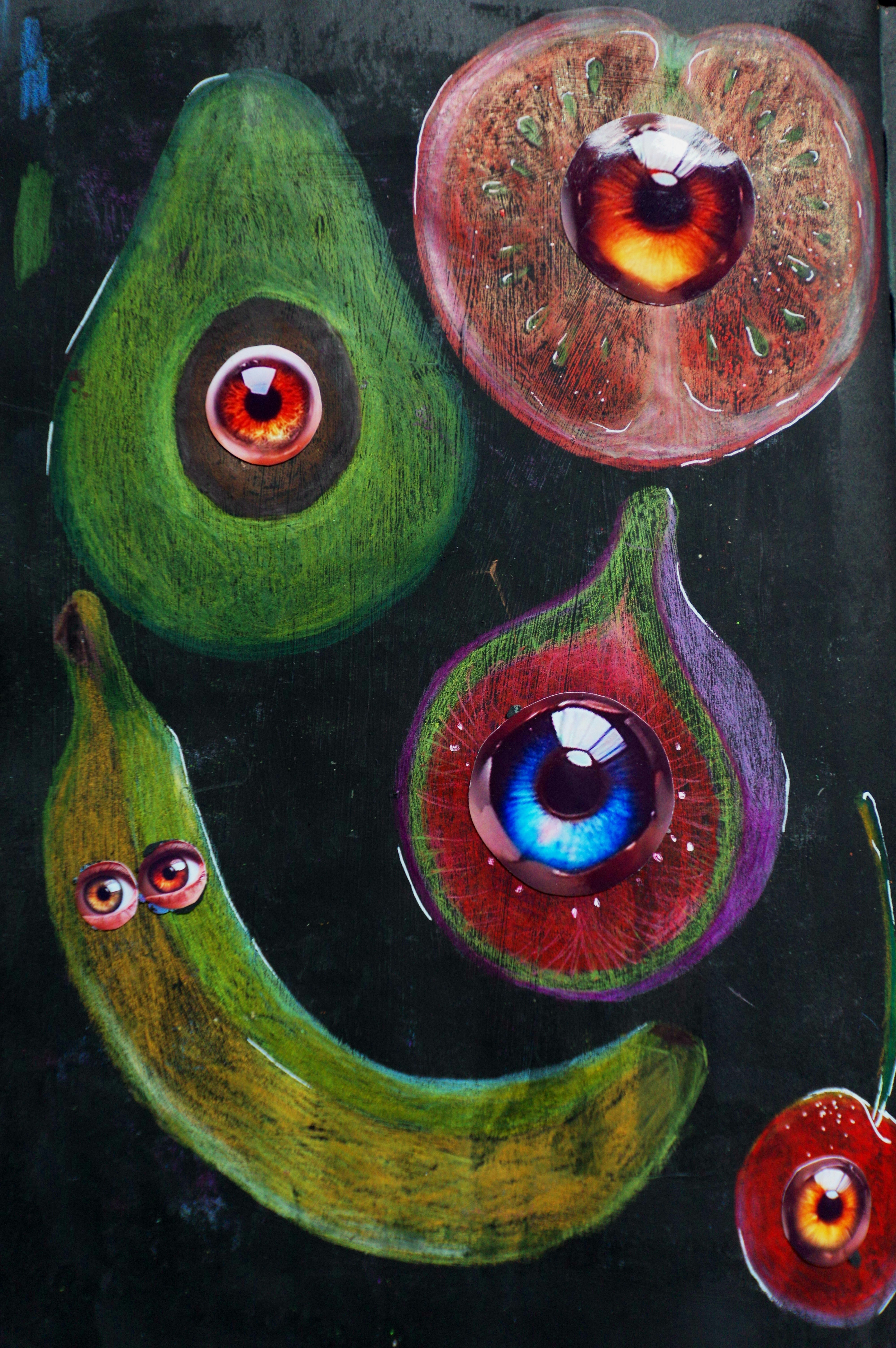 Surreal fruits with eyes on dark background