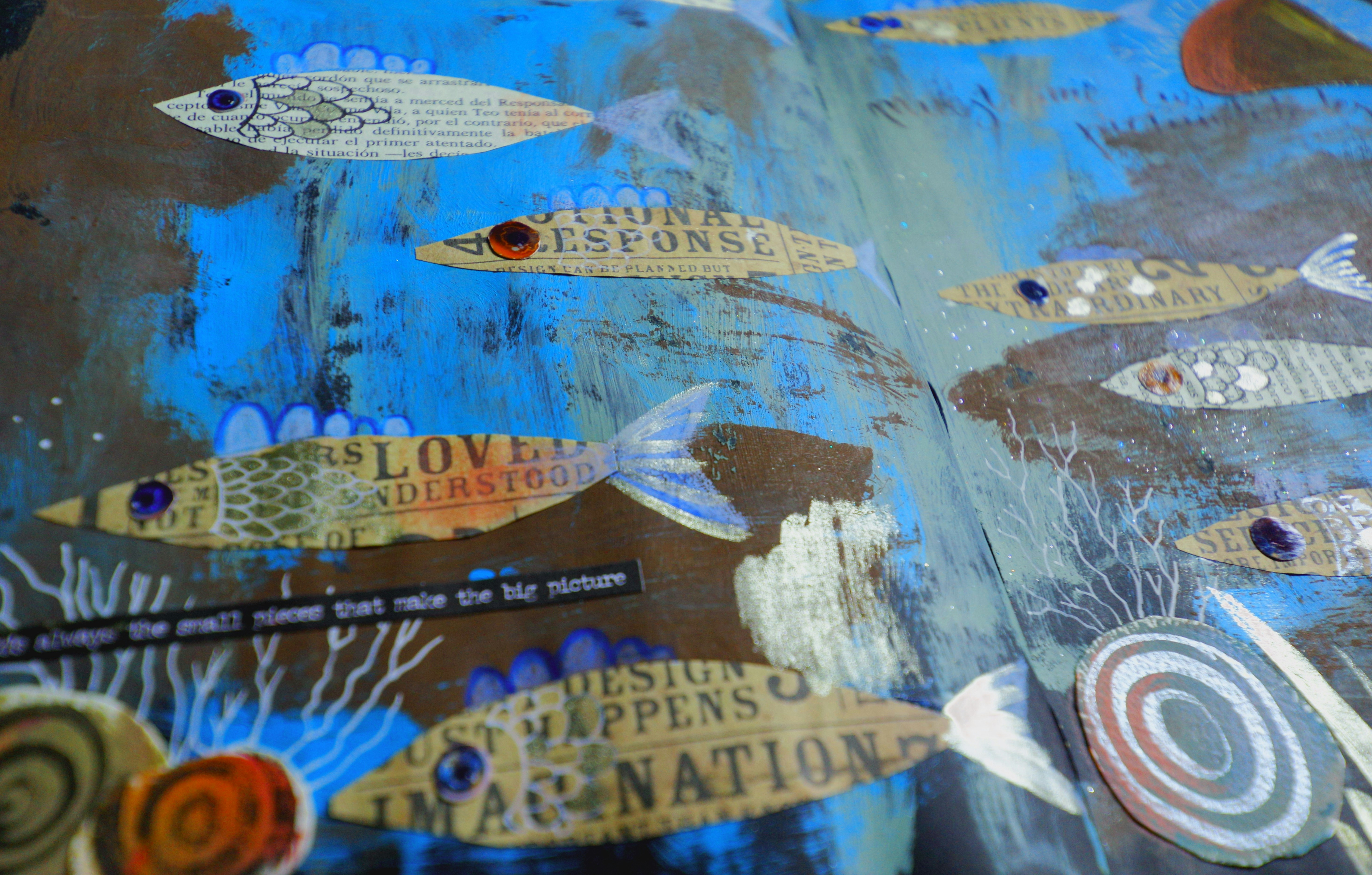 Collage of fish with words on blue background
