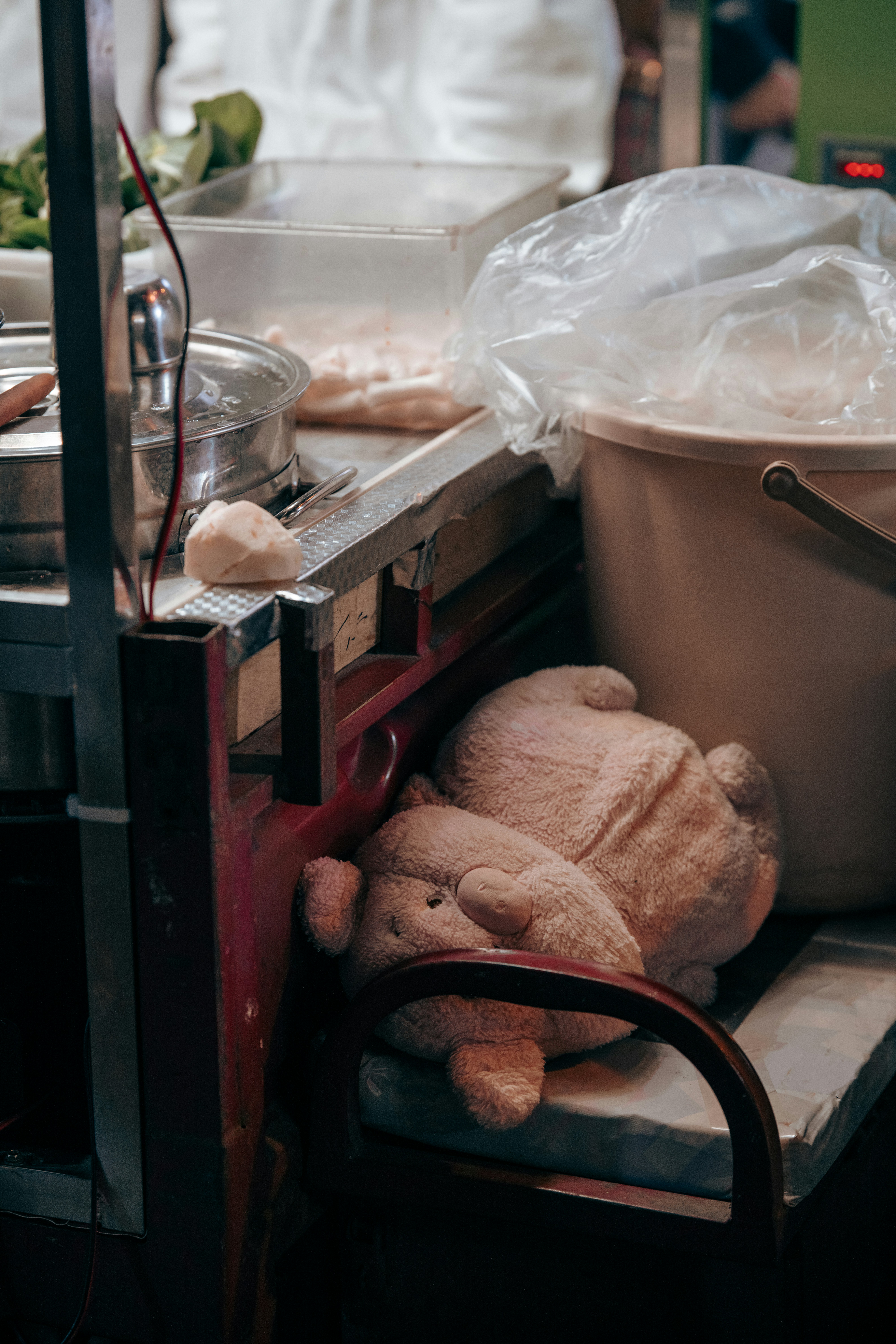 Deux cochons en peluche reposant sur une chaise.