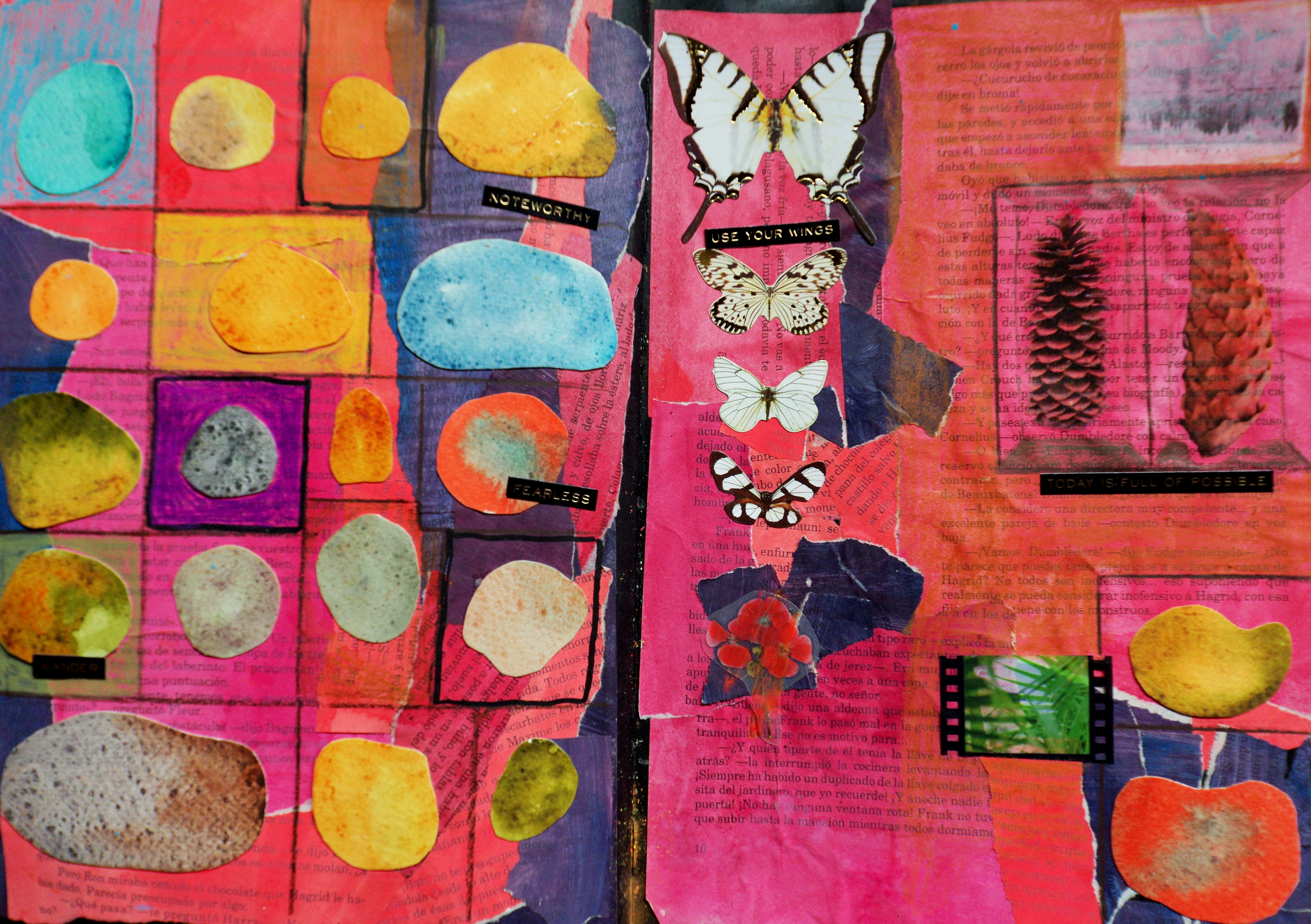 Collage of natural objects and butterflies on pink background.