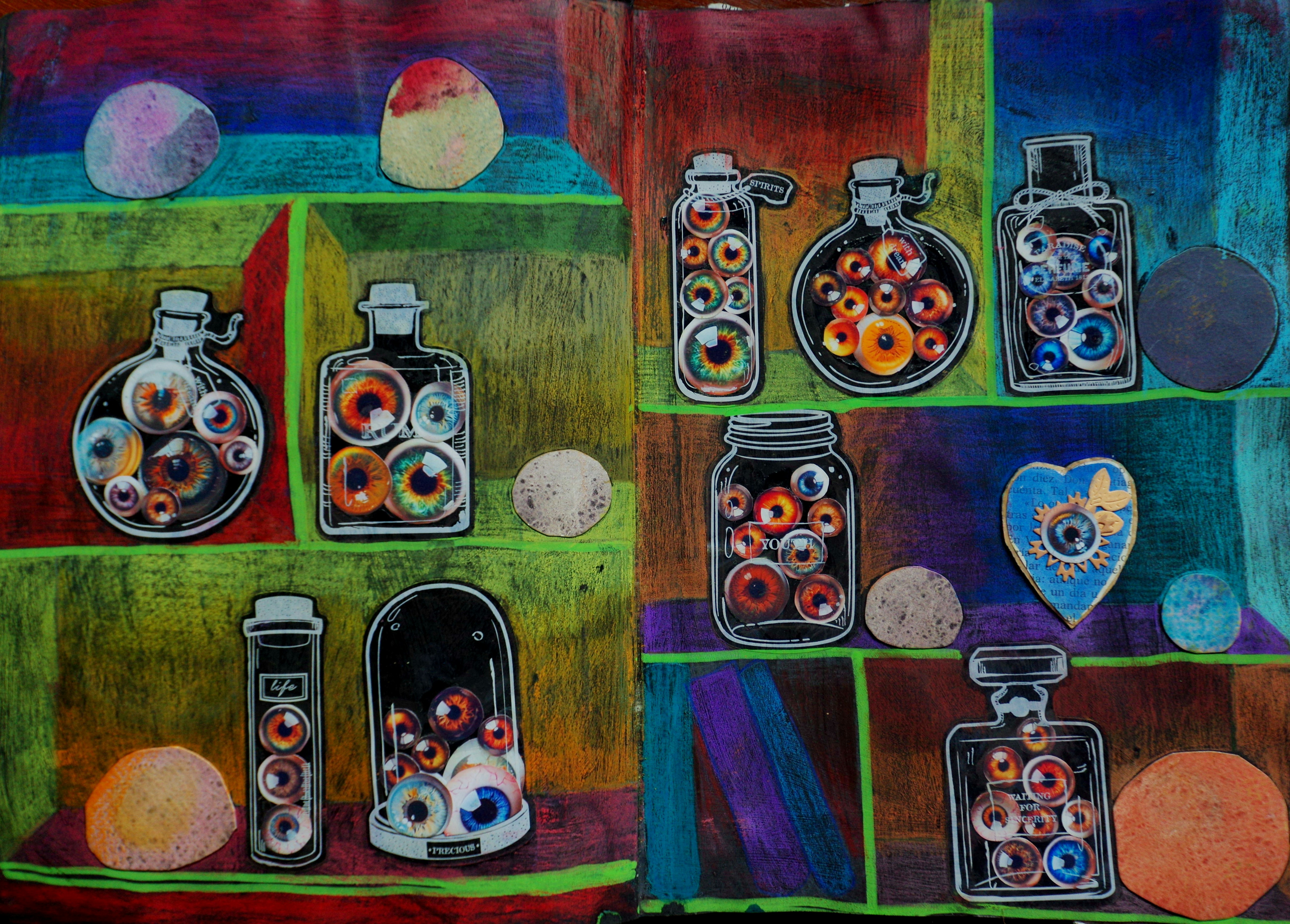Jars filled with eyeballs on a colorful background
