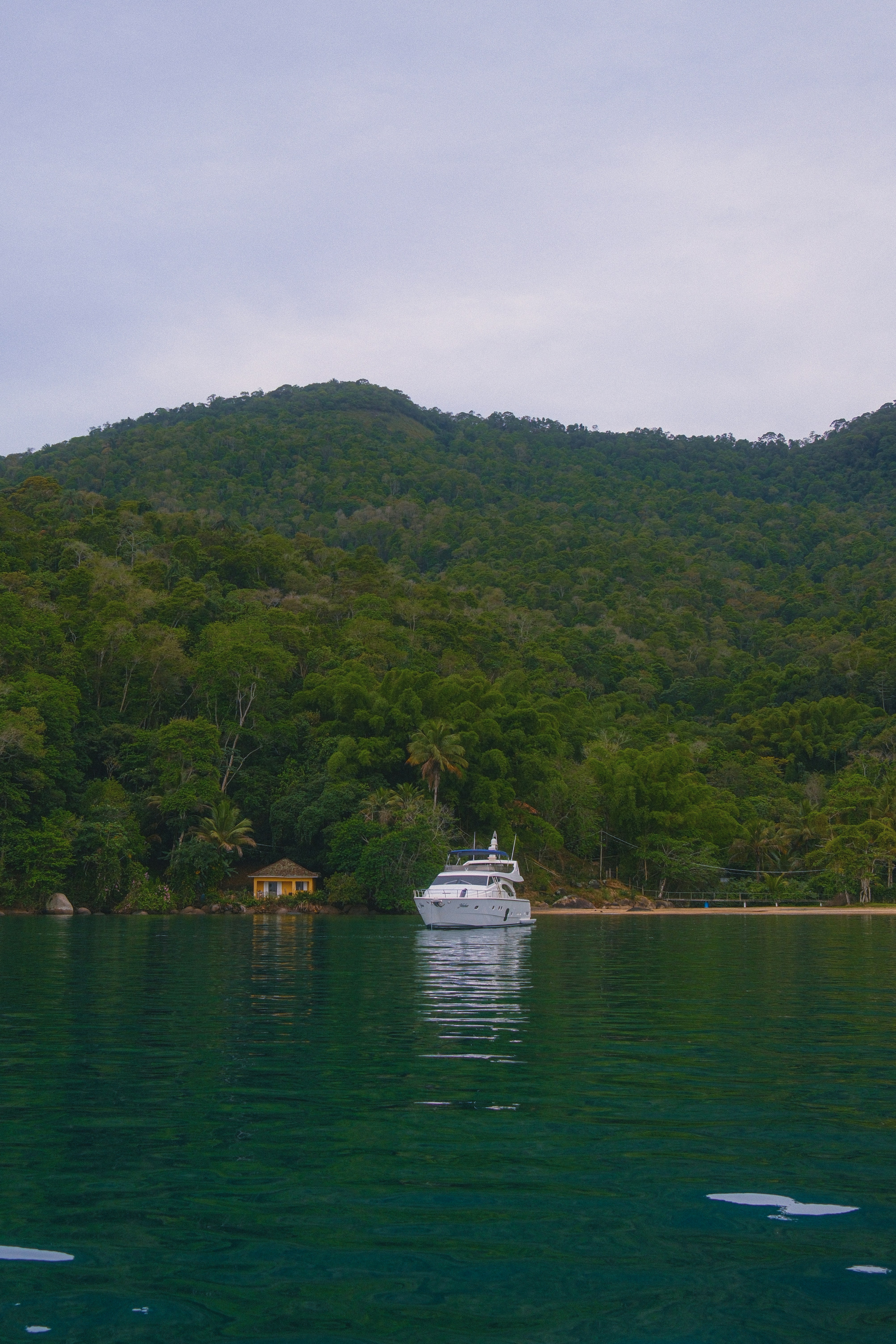 A white yacht floats on calm green water near shore.
