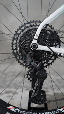 Close-up of a bicycle's rear derailleur and cassette.