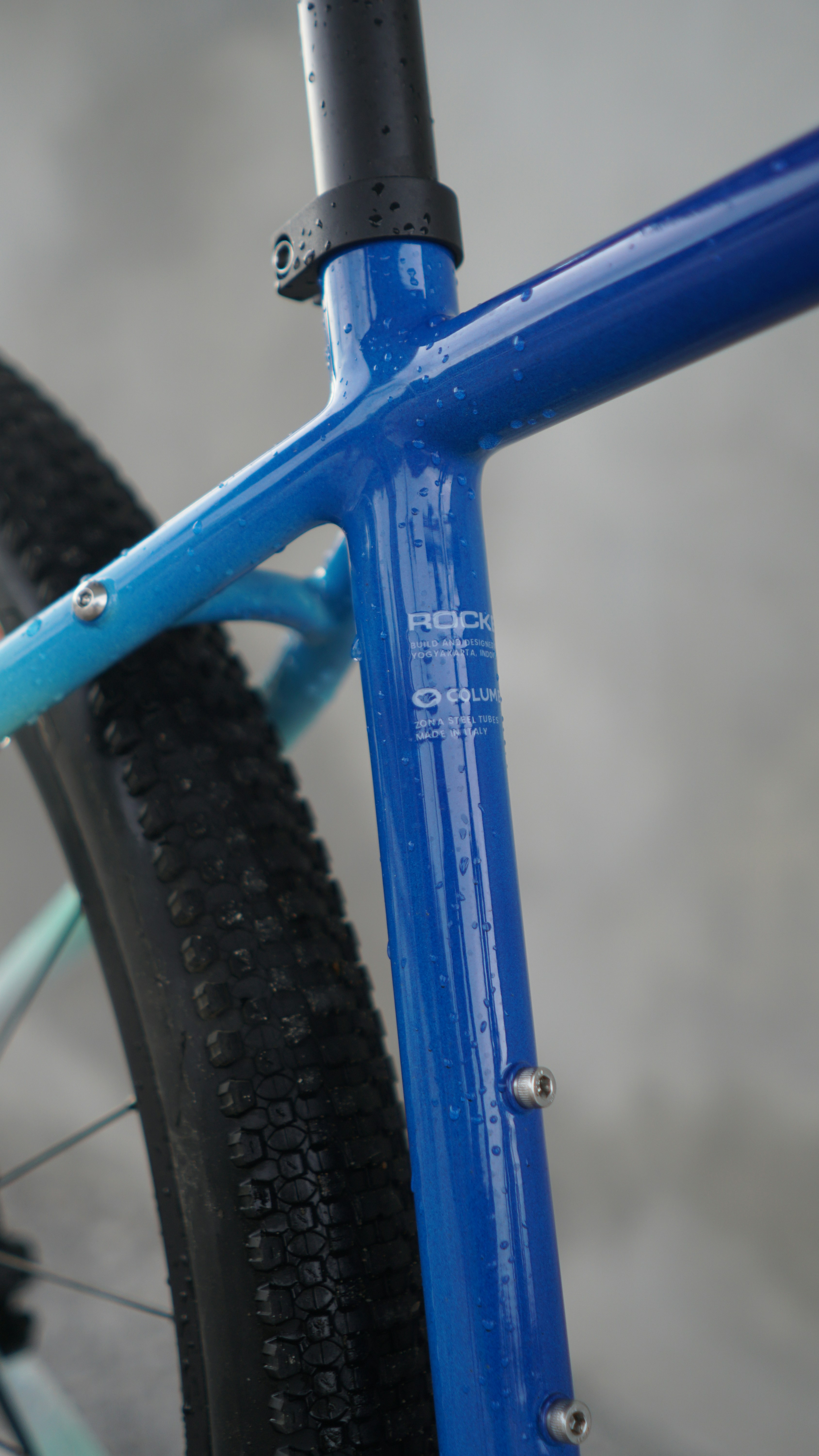 Close-up of a wet blue bicycle frame with tire.