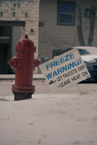 Red fire hydrant with freeze warning sign in snow