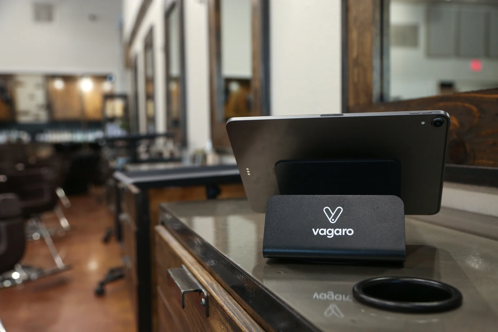 Tablet mounted on a stand in a service environment